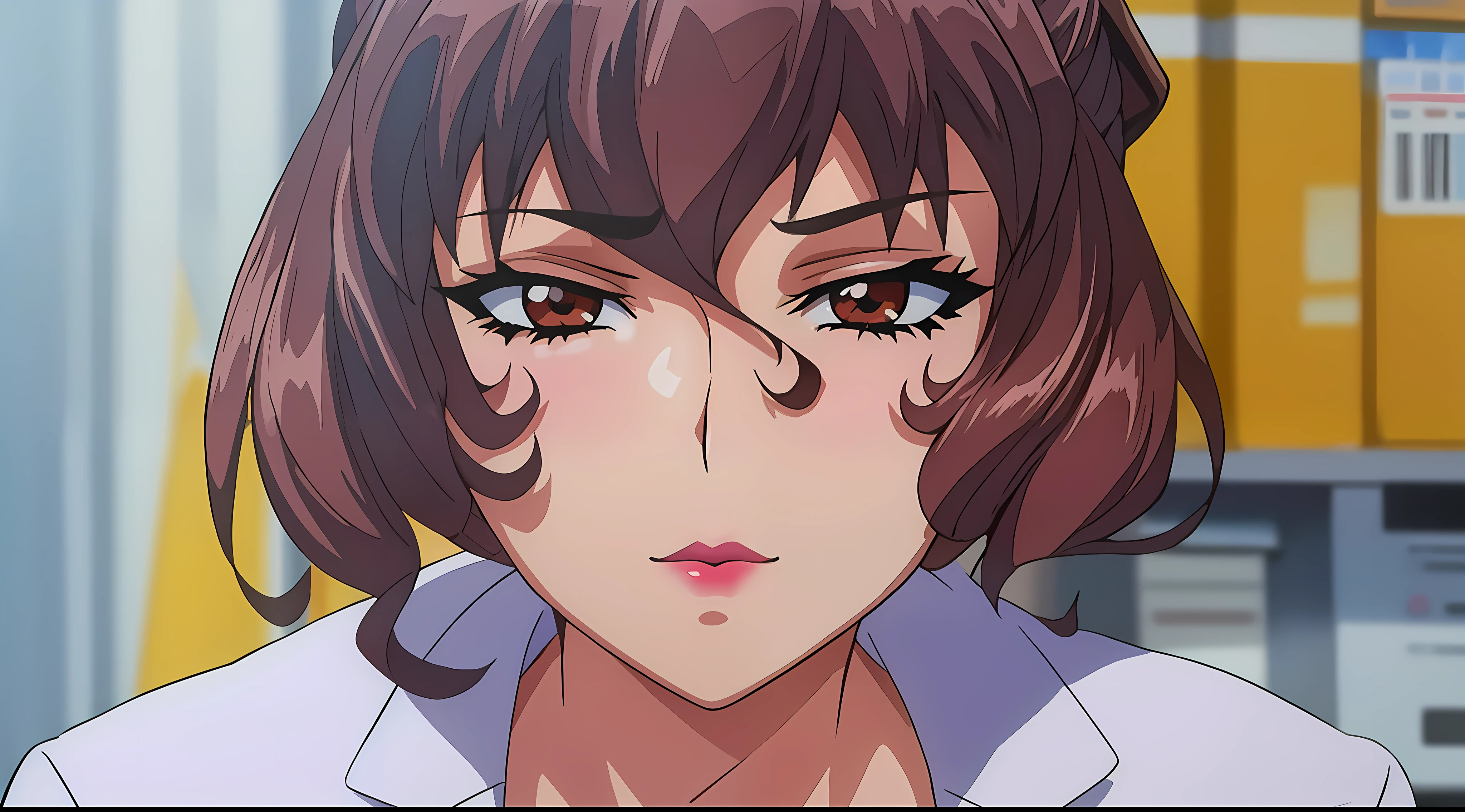 (beautiful hand:1.2), (masterpiece, best quality:1.3), Aiko Katsuragi, mature female, beautiful face, pretty face, (half body shot:1.05), 1girl, anime face, labcoat, makeup, big breasts, lipstick, brown eyes, folded ponytail, brown hair, cleavage, perfect body, (gorgeous body:1.3), perfect eyes, perfect retina, anime eyes, eyeliner, eyeshadow, perfect face, (caring look:1.1), look at viewer, high sharpness, sharp focus, medical room, professional artwork, intricate details, vivid colors, Diffused lighting, digital blending, ultra detailed body, ultra detailed hair, ultra detailed face, trending on pixiv, hardened