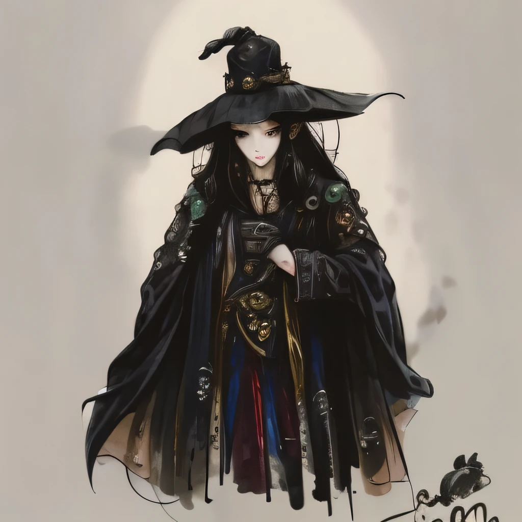 There is a painting of a man wearing a black hat and a black cape, After taking off the hat,She is a beautiful brunette Asian girl,Hair behind the ears,There are precious stones on the forehead,with brown eye,Monkey ears,An uneasy smile,Zhu lips,tire,dark witch character, dark robed witch, dark cloaked necromancer, dark fantasy character design, dark fantasy concept art, fantasy mage, evil sorcerer, evil male sorcerer, granny weatherwax, dark wizard, undead mage, steampunk wizard, dark robed