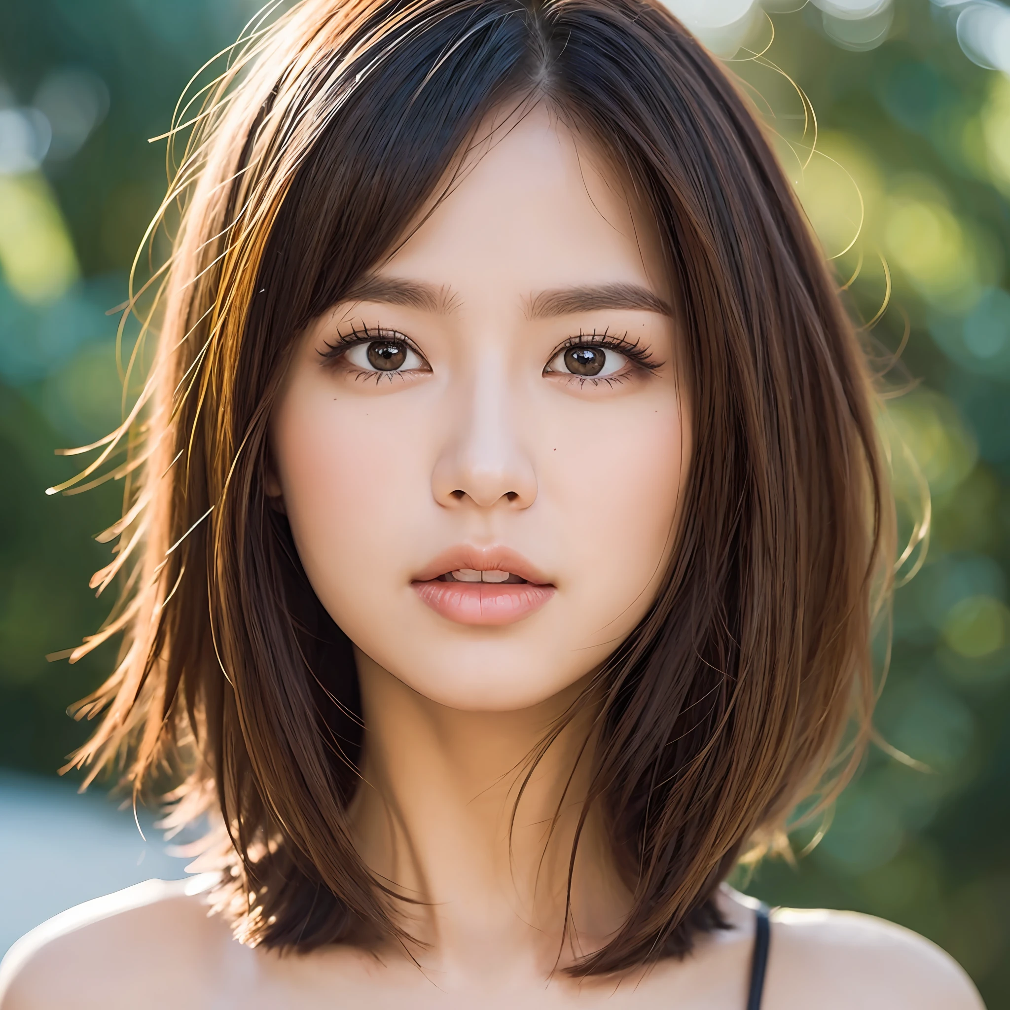 one-girl,closeup of face,Melon seed face,shoulder-length short hair,Thin eyebrows and big eyes,The tip of the nose is slightly upturned,The lower lip is slightly thicker,with fair skin,photore,k hd,outstanding,8K --auto