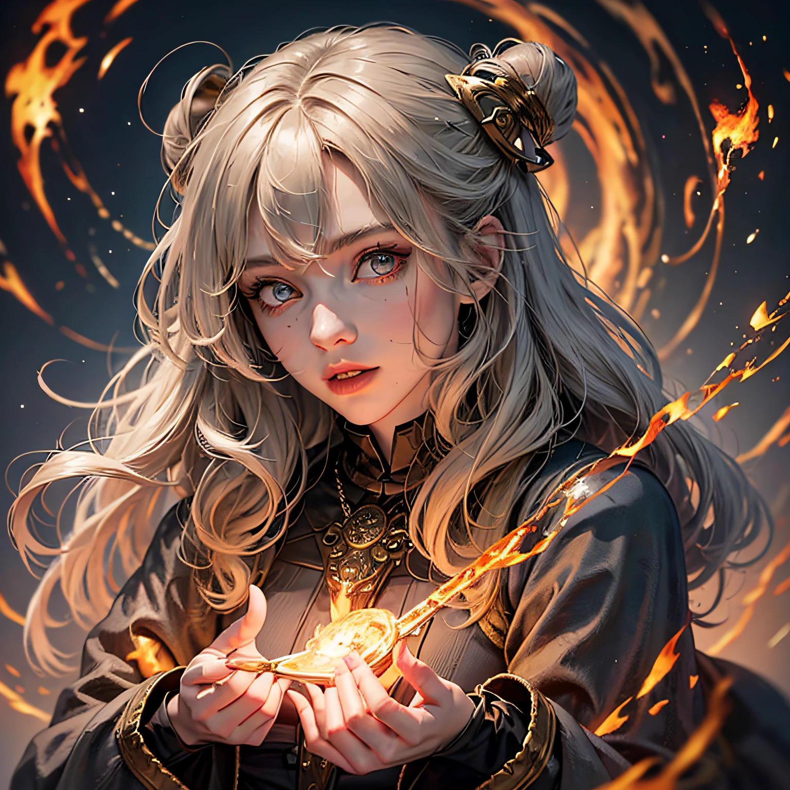 Dressed in a witch costume holding a bright wand, female mage conjuring a spell, dark fantasy female mage, female sorceress portrait, beautiful female sorceress, female mage, female fire mage, fire mage character