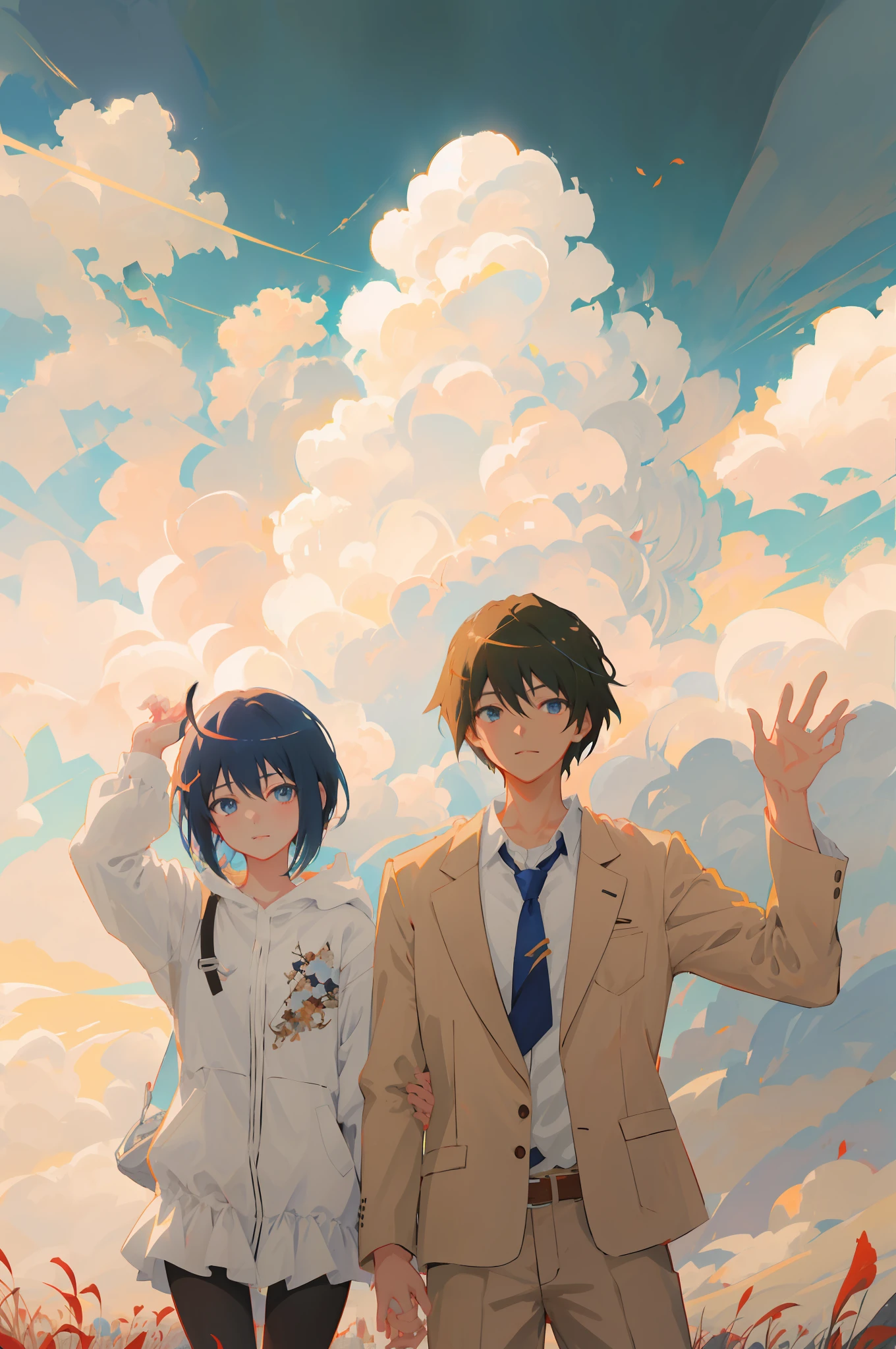 Anime couple in the field of sky background, Anime Cloud, Guweiz e Makoto Shinkai, sakimichan and makoto shinkai, in the style of makoto shinkai, beautifull puffy clouds. Anime, Fiona Staples e Makoto Shinkai, Makoto Shinkai and Artgerm, High-quality fanart, happy clouds behind