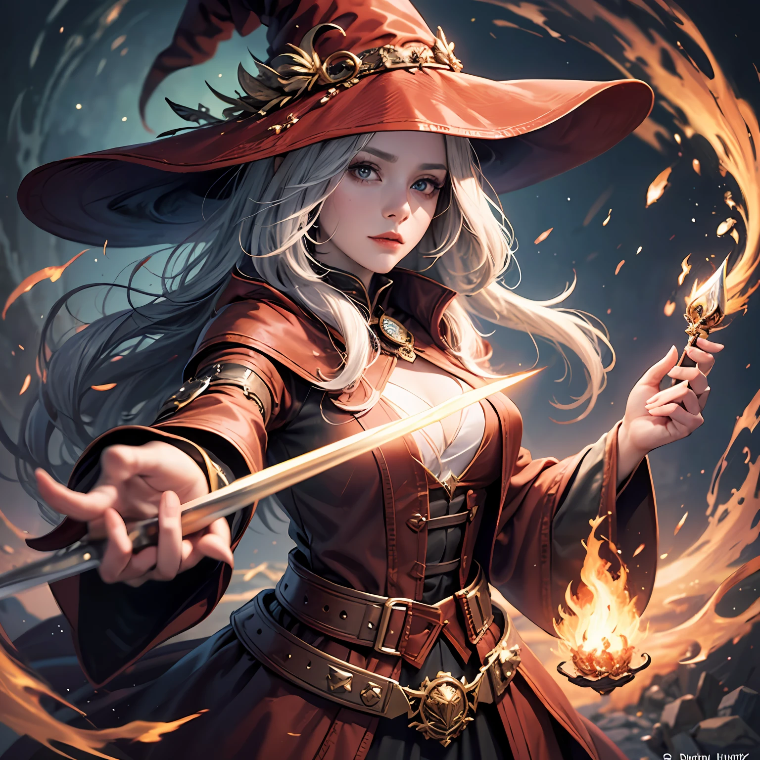 Dressed in a witch costume holding a bright wand, female mage conjuring a spell, dark fantasy female mage, female sorceress portrait, beautiful female sorceress, female mage, female fire mage, fire mage character