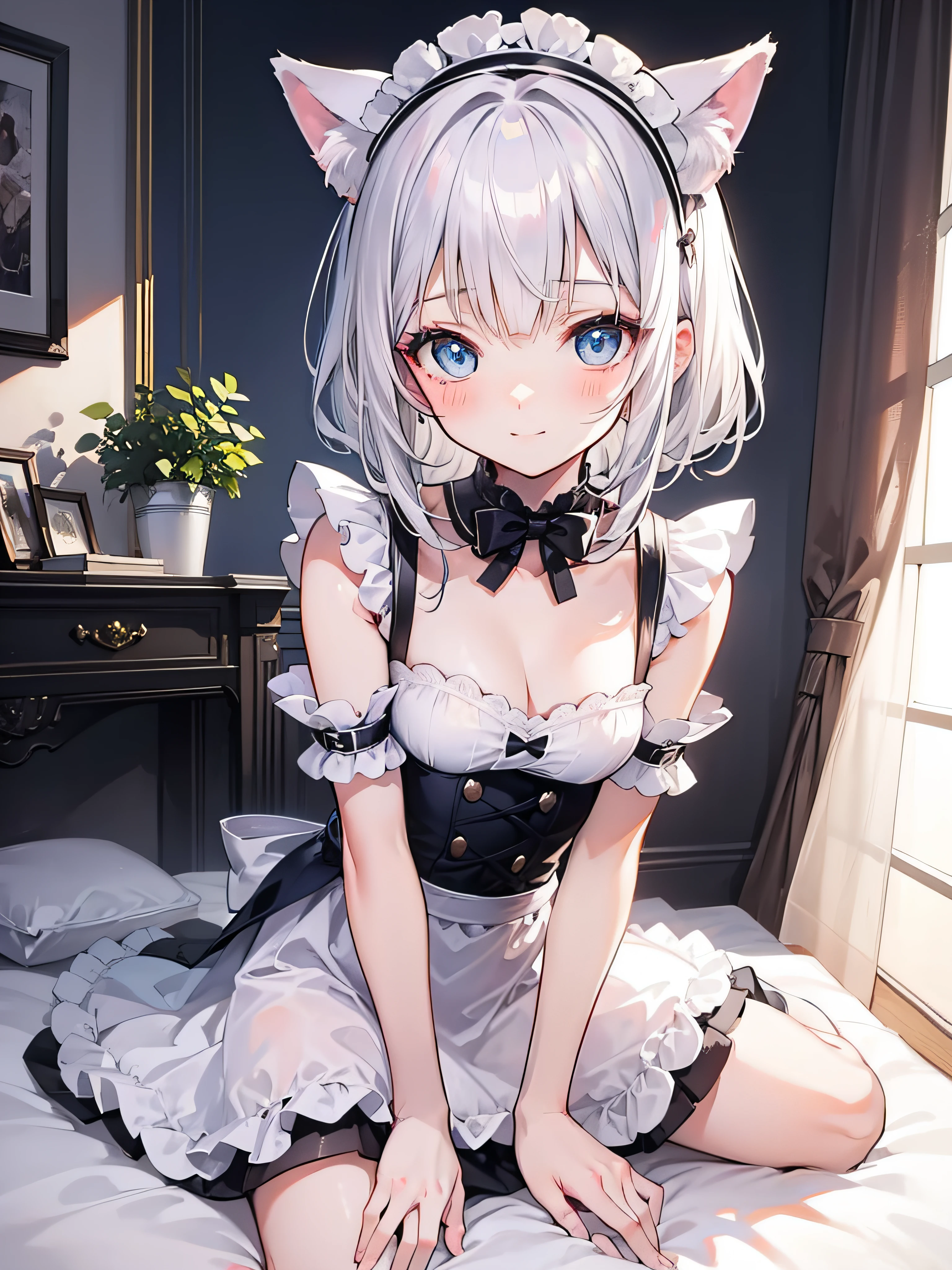 best quality, ultra precision, one girl, blue eyes, white hair, young, loli, cute, maid, maid costume, blush, natural smile, teenager, cat's ears, small breasts, look up at you, cleavage, pure, obedience, sitting, sit gracefully, put hands between legs, shy, on bed, scrounge, affectionate, like a younger sister, she loves you