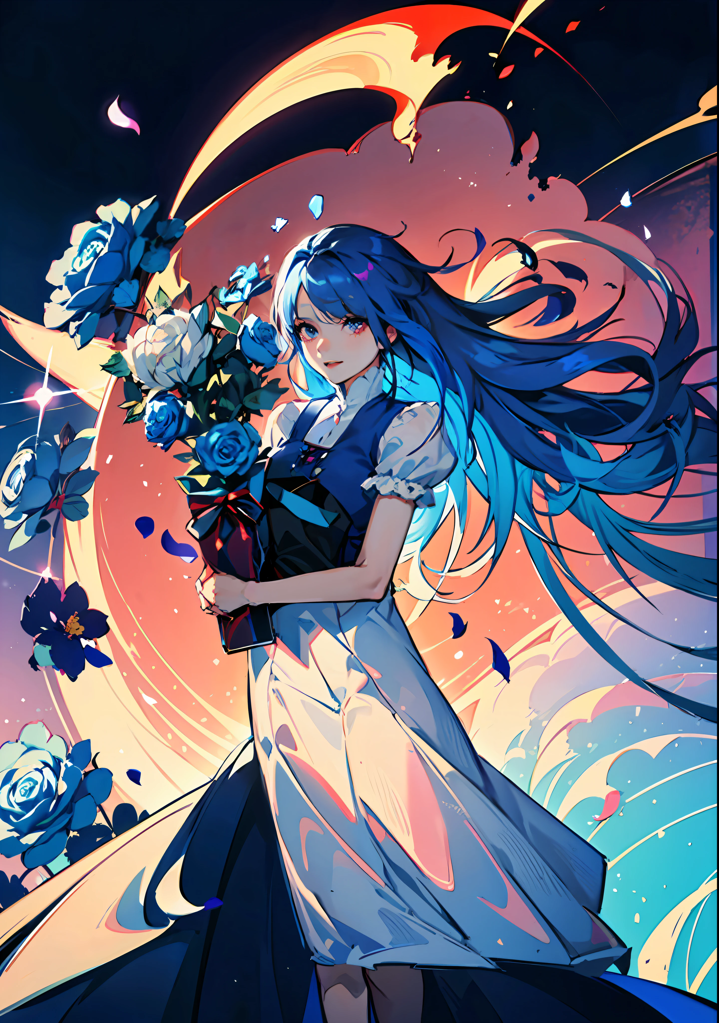 Masterpiece, high qulity,Focus, , Creampie, red eyes,eBlue eyes, flower, Masterpiece Blue Rose,tiese, box, formal,shirt, Holding, Machine whole body,,Dark light blue hair,shift dresses, Masterpiece Blue Rose, Red flower, holding flower, Specular highlights, Detailed face, Detailed eyes, With ear bone clips,Powder blue purple background,detailed fabric, Detailed skin,Extreme image quality