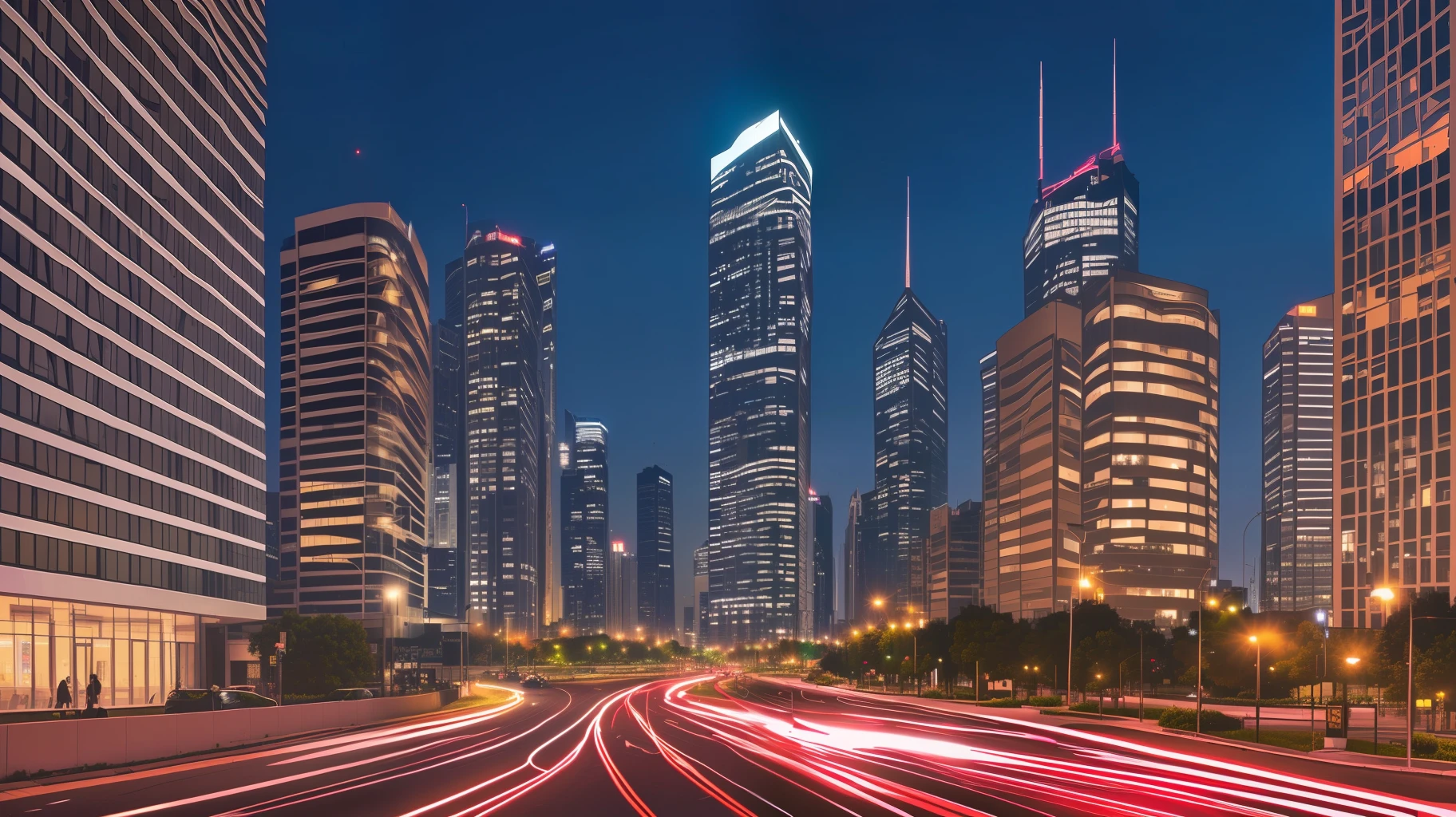 Produce an urban night scene with illuminated skyscrapers, cars driving in the streets and people walking on the sidewalks.
Do not include any technological elements or signs of modern civilization such as buildings, cars or roads. --auto --s2