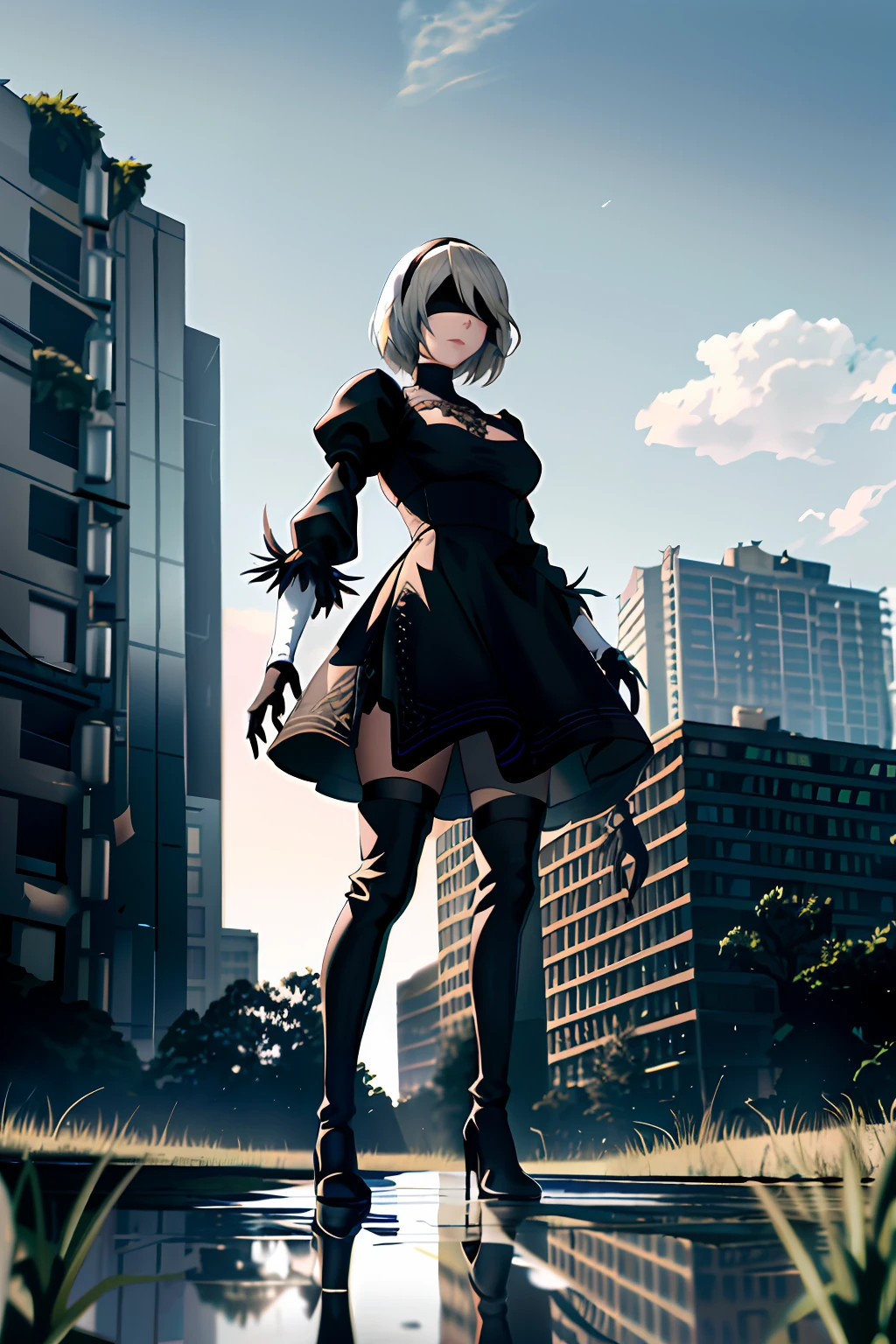 yorha no. 2 type b, 1girl, absurdres, black blindfold, black dress, black hairband, blindfold, blue sky, boots, building, city, cloud, covered eyes, debris, dress, feather-trimmed sleeves, feather trim, from below, gloves, grass, hairband, high heel boots, high heels, highres, juliet sleeves, katana, leather, leather boots, long sleeves, nier \(series\), nier automata, outdoors, overgrown, pod \(nier automata\), post-apocalypse, puddle, puffy sleeves, rubble, ruins, scenery, sky, thigh boots, thighhighs, thighhighs under boots, water