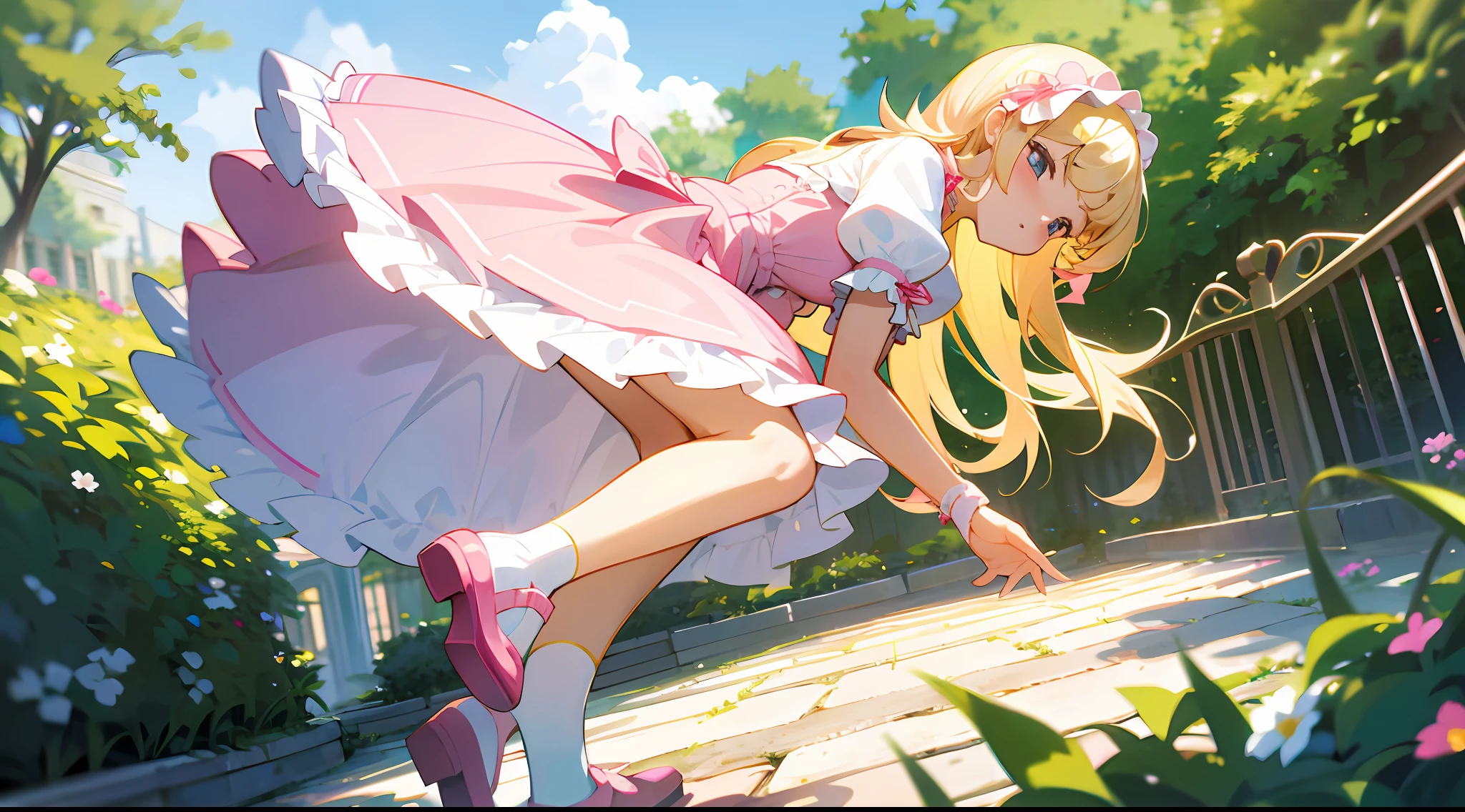 Pink Lolita Lori White Socks Blonde Long Hair Sunny Garden High Quality 8k --auto