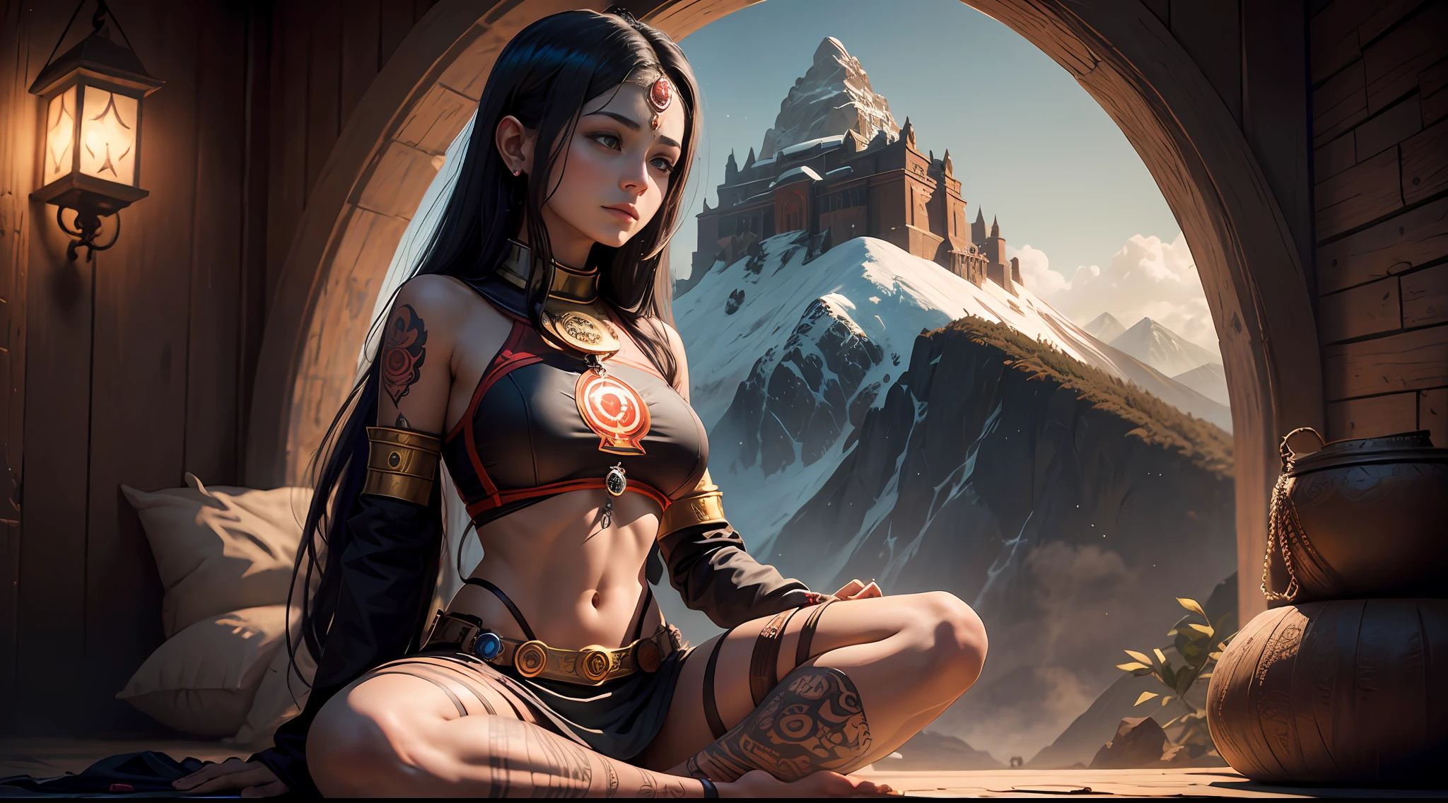 Young tantric priestess with tattoos of percings and an ironman mask on her body meditating on a mountain --auto