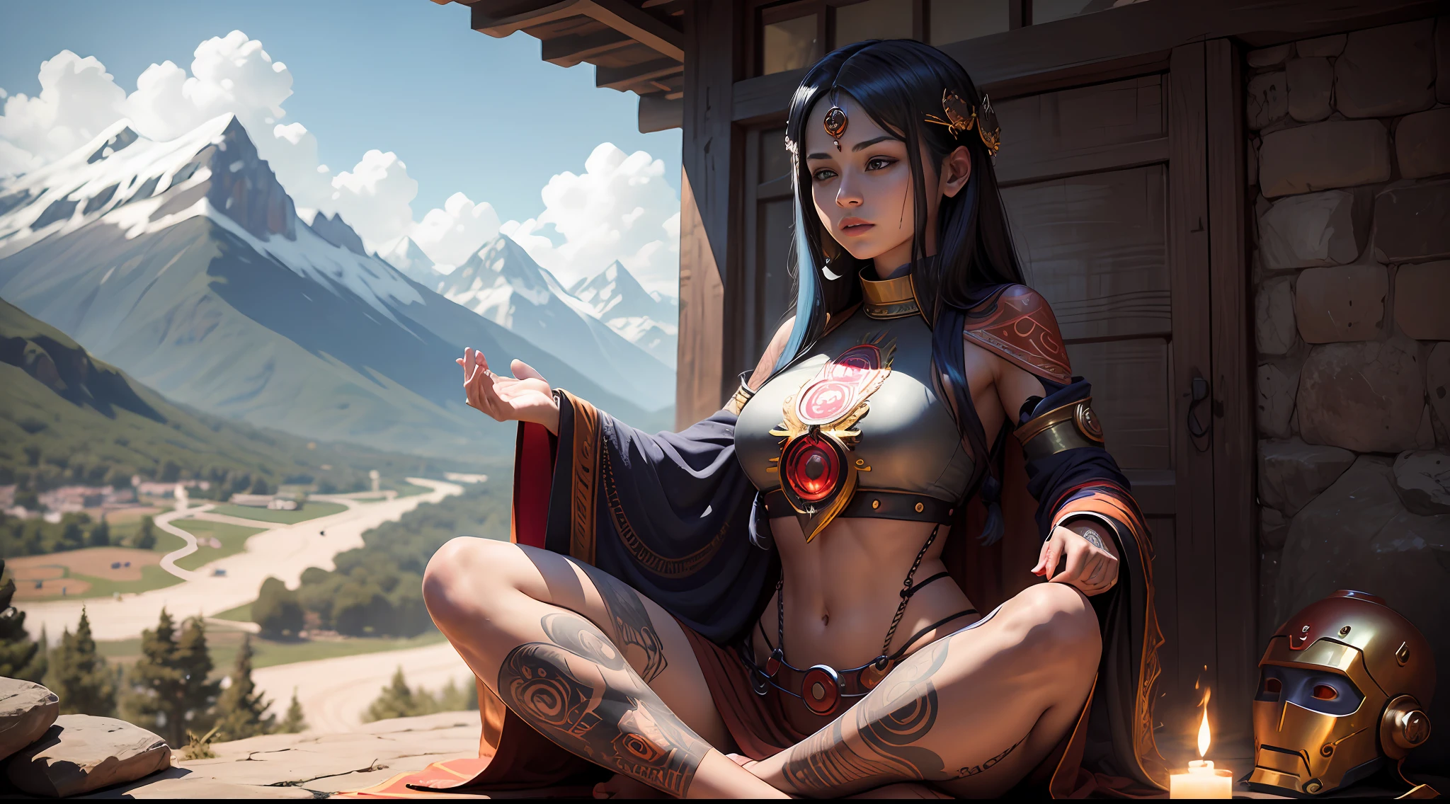 Young tantric priestess with tattoos of percings and an ironman mask on her body meditating on a mountain --auto