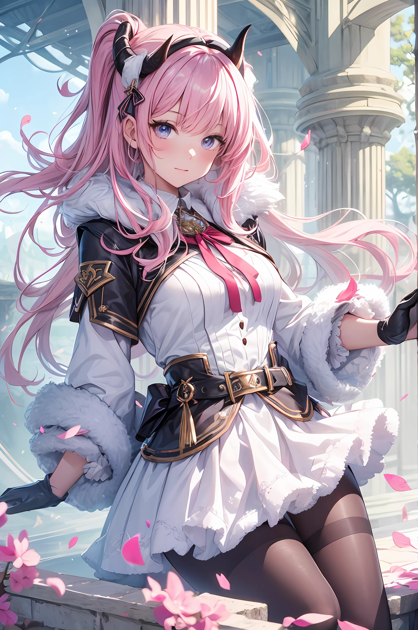 masterpiece , best quality, 1girl, solo, horns, skirt, shirt, white gloves, long hair, holding, black skirt, gloves, fur trim, white shirt, ribbon, looking at viewer, pink hair, upper body, bangs, outdoors, fantasy world