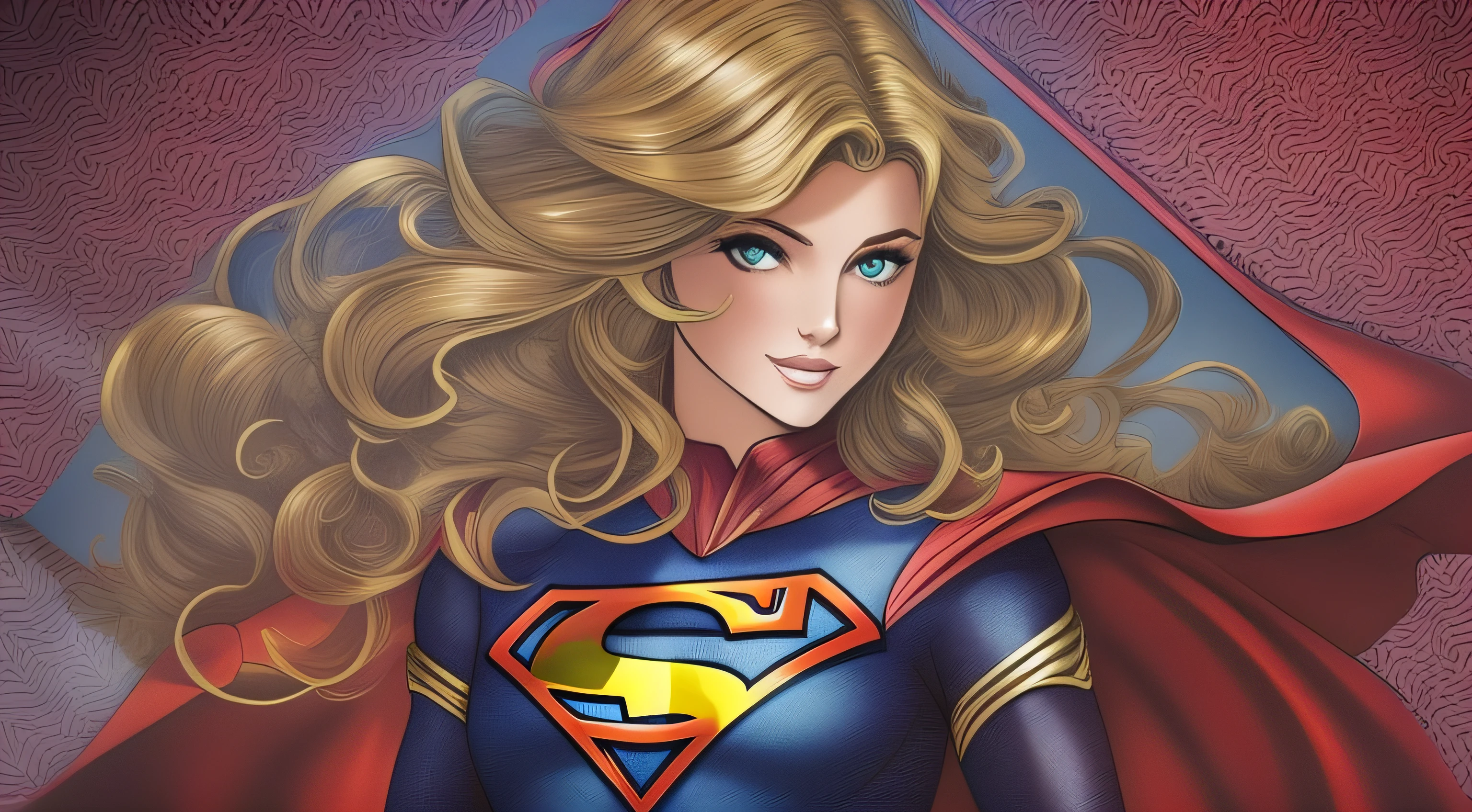Supergirl princesa com corpo lindo, Mulher persa-russa, Tiara dourada, louro, corpo inteiro, cabelos longos e mechas brilhantes, Pose Real, elegante capa vermelha, Ambiente inspirado em cristais cintilantes, Armadura kryptoniana em tons de azul e vermelho