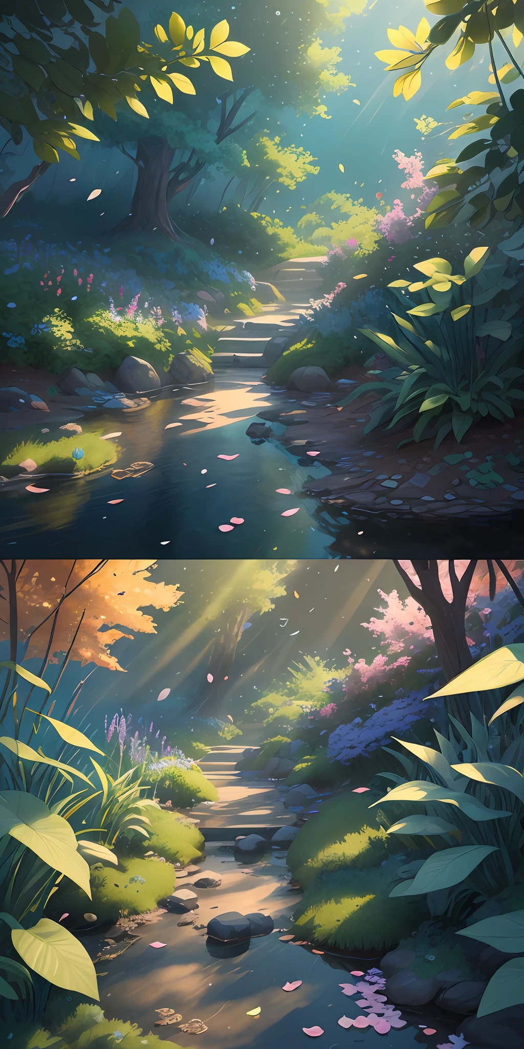 Masterpiece, best quality, (very detailed CG unity 8k wallpaper) (best quality), (best illustration), (best shadows) Nature', blue sea,delicate leaves petals of various colors falling in the air light Tracking, super detailed --v6