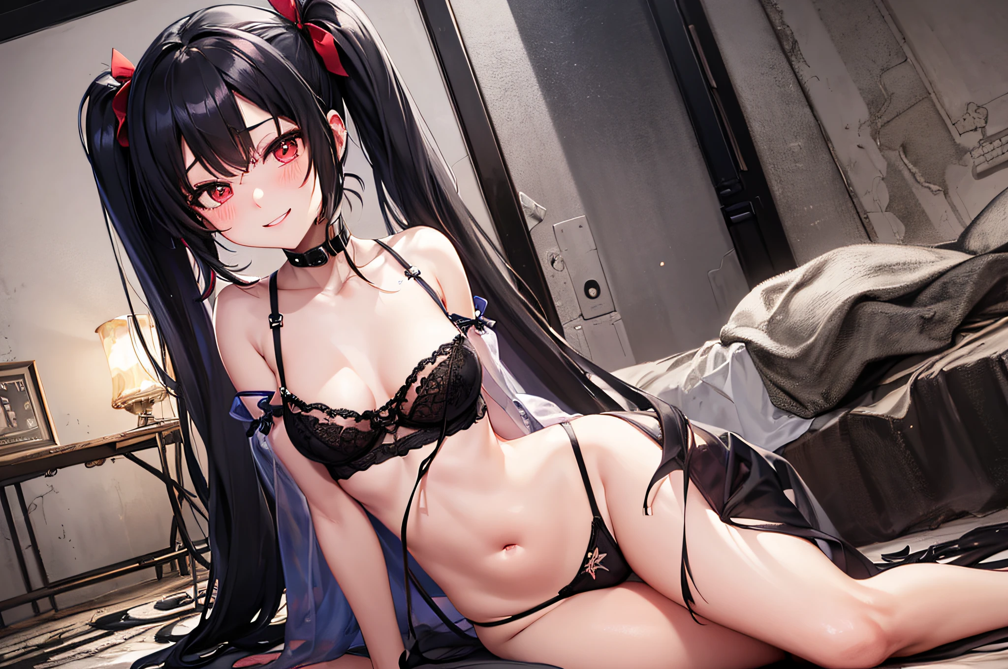NSFW、 masterpiece、 hightquality、 undergarment、 Underwear with see-through、 Shift your panties、 25Girls of about their age、 yandere、 Black hair twintails、 Girl with legs open waiting for penetration、 Thigh opening、 Ruins、 darkened room、 underground room、 spot light、 Bewitching smile、 red blush、 Riding on top