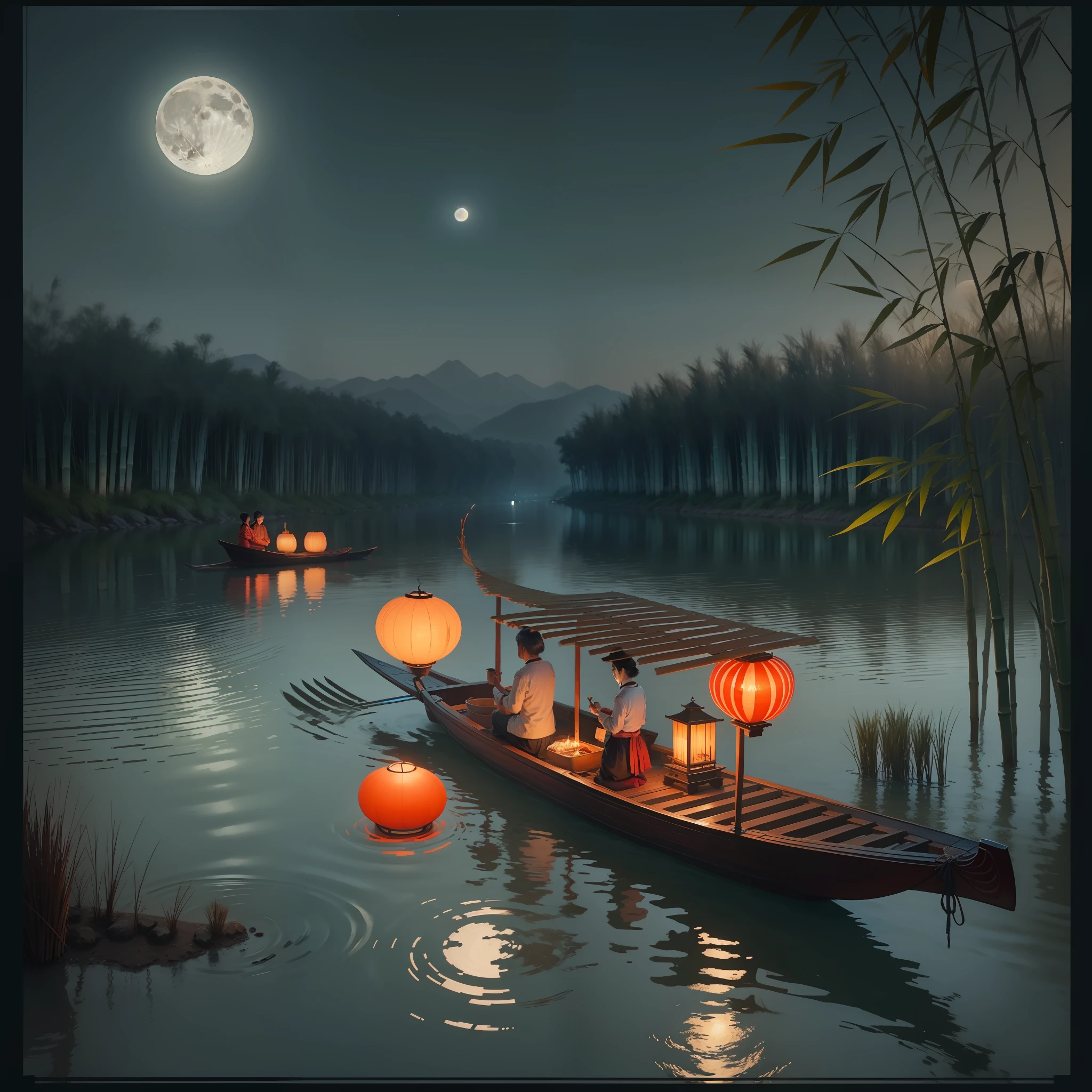 Full moon in the sky, There are bamboo rafts on the wide river ,The boatman lit his lantern, The bamboo rafts on the river are illuminated red