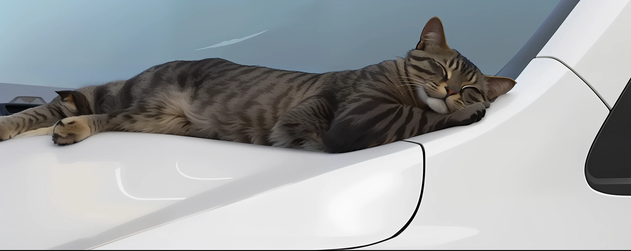 Arafe cat lying on the hood of a car with its eyes closed, A cat that can drive a car, doing an elegant pose, The creature is sitting in the car, A cat is floating in the air, he is very relaxed, she is laying on her back, a cat swimming in water, cat sleeping, octopus cat, cat detailed