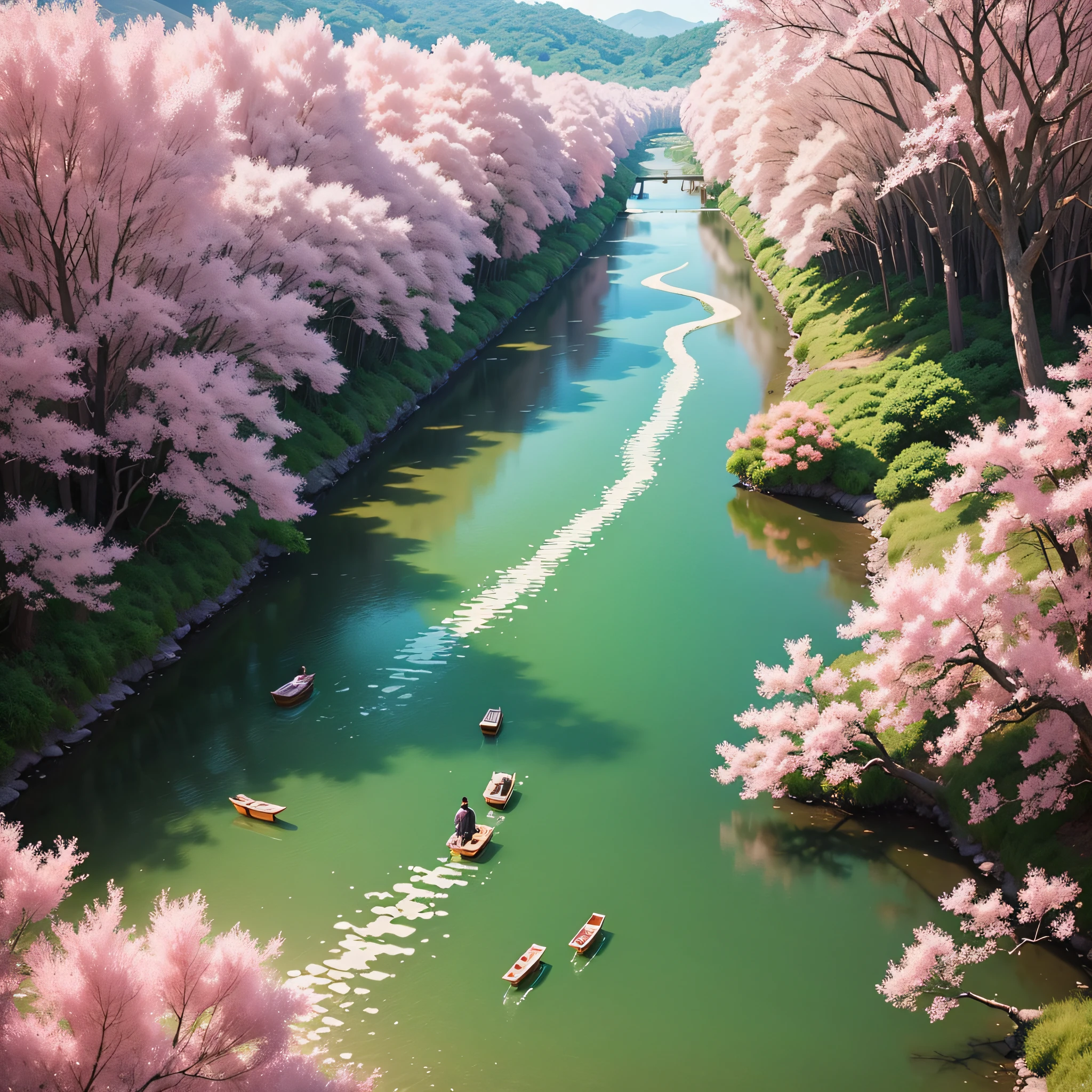 Large pink peach forest,Thousands of graceful peach blossoms dance in the breeze,The creek is gurgling,The fisherman is alone,The boat floats in it,The grass is fine and emerald green,Colorful falling heroes linger around。 --auto