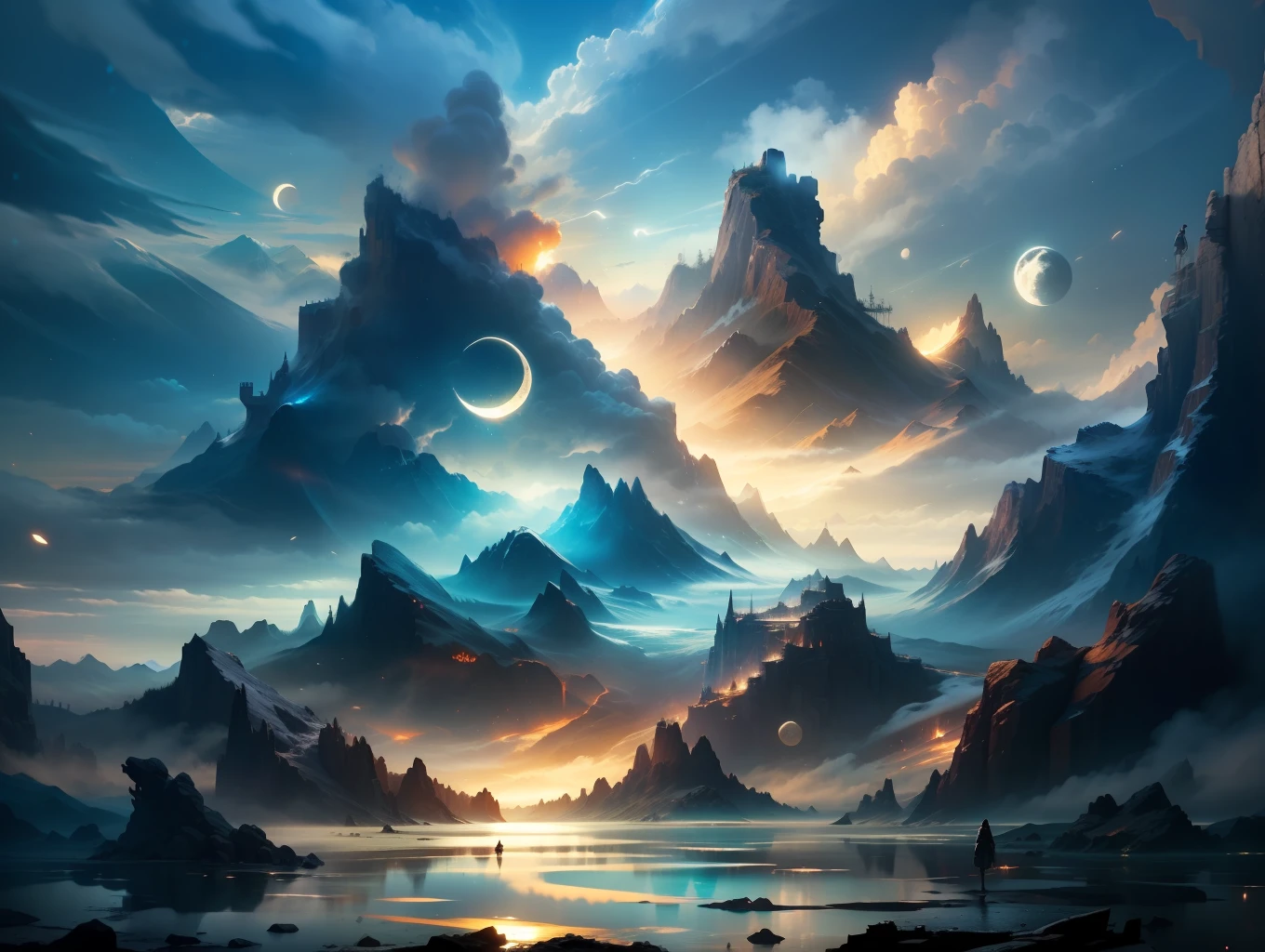 mountains and a lake with a moon in the sky, 4k highly detailed digital art, 4 k hd wallpaper very detailed, impressive fantasy landscape, sci-fi fantasy desktop wallpaper, unreal engine 4k wallpaper, 4k detailed digital art, sci-fi fantasy wallpaper, epic dreamlike fantasy landscape, 4k hd matte digital painting, 8k stunning artwork