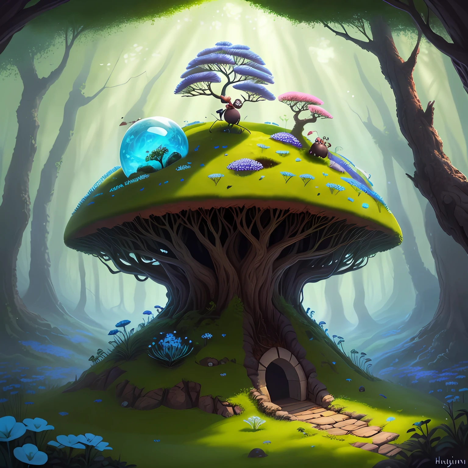 Cute anthill with moss and cute glowing ants sitting on it, Blue Higan flowers bloom, Bright colors in the forest, hemispherical, fantasy, Girly art