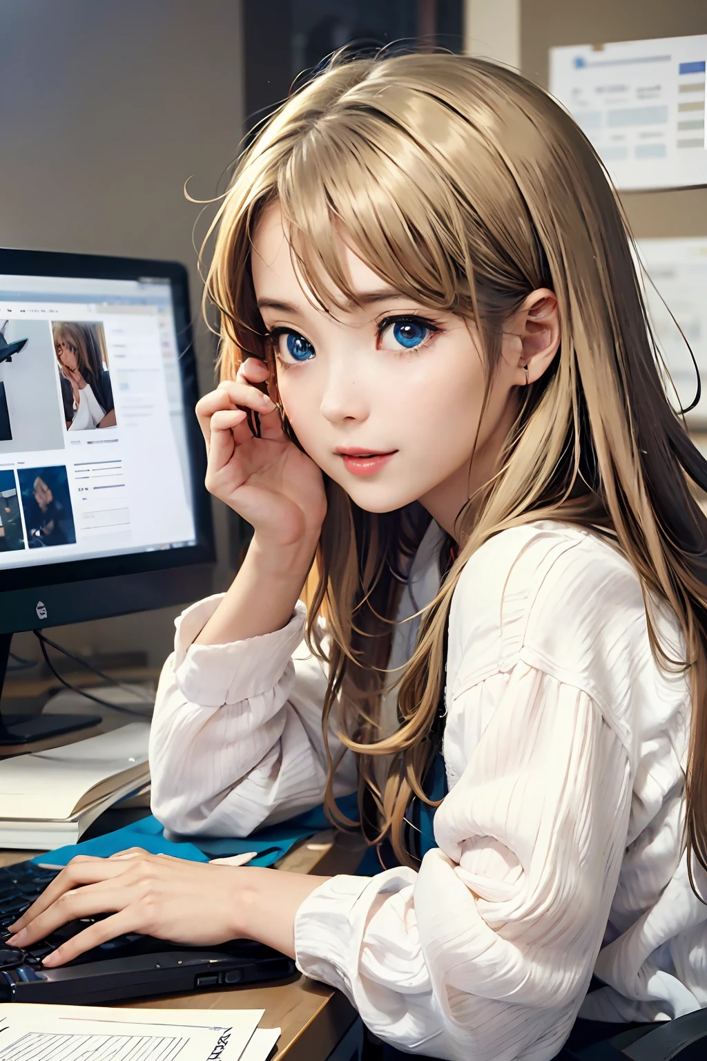 Realistic image of a girl studying in front of a computer; she is happy; richly detailed hands; blonde hair; focused eyes; intricate details. --auto --s2