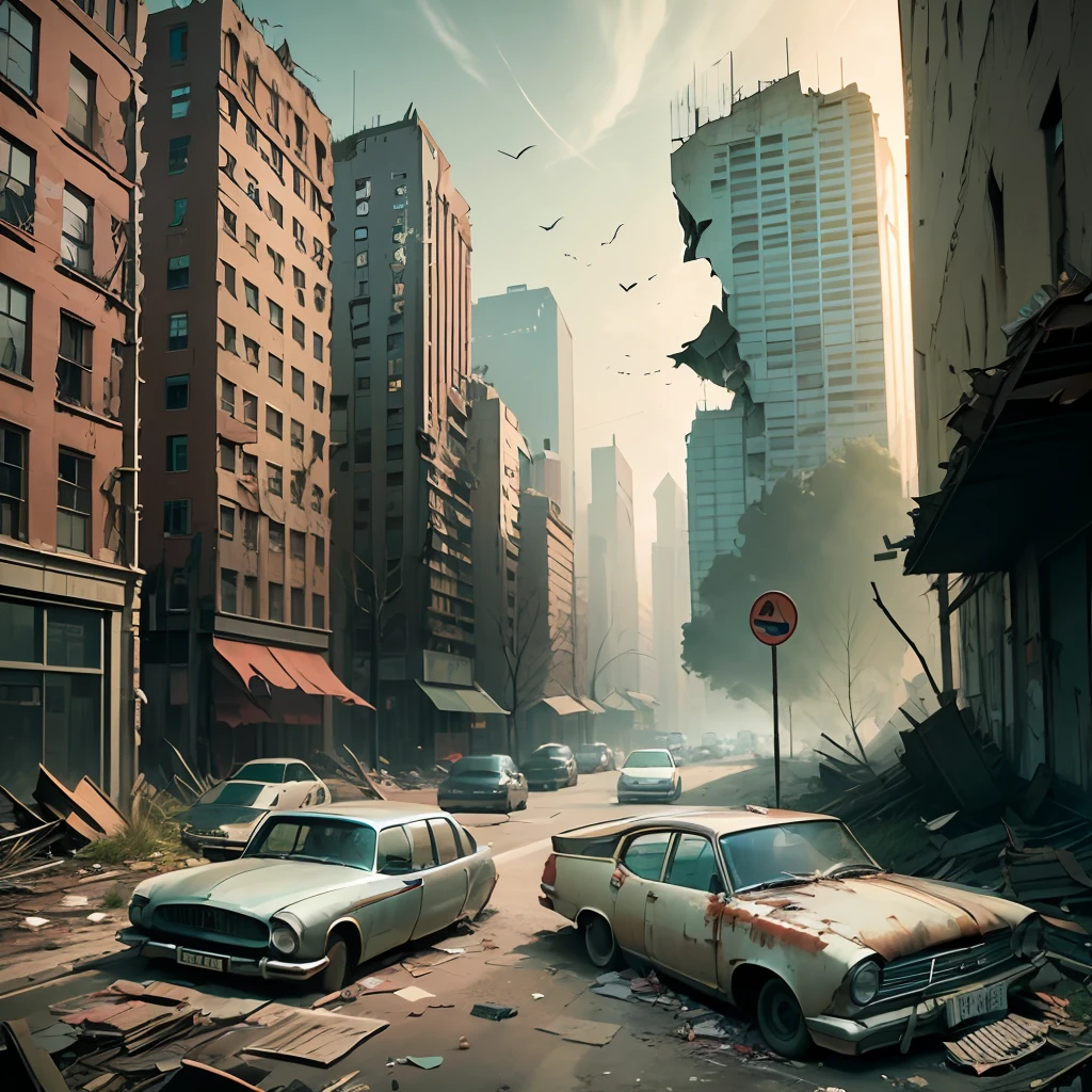 Create an image of an abandoned and spooky city with crumbling buildings, wrecked cars and empty streets
 Do not include any technological elements or signs of modern civilization such as buildings, cars or roads. --auto --s2