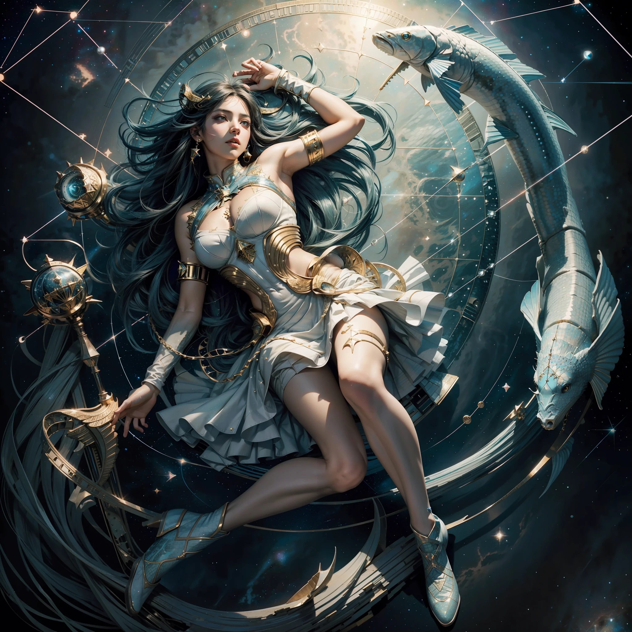 hyper HD, Masterpiece, Textured skin, Super detail, High details, High quality, Best quality, A high resolution, 8K, 16k，full body,1girl,(Pisces:1.3)，beautidful eyes，middle breast，white skirt，(constellation background:1.4)