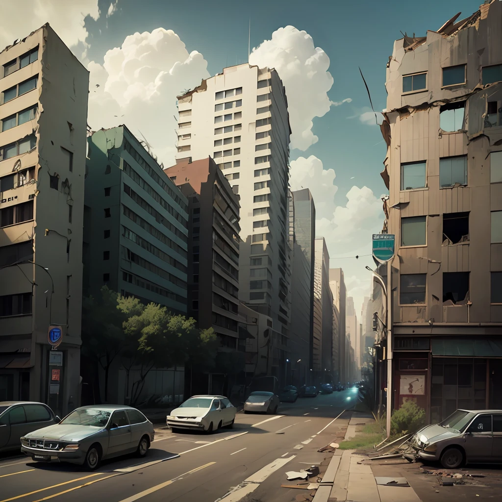 Create an image of an abandoned and spooky city with crumbling buildings, wrecked cars and empty streets
 Do not include any technological elements or signs of modern civilization such as buildings, cars or roads. --auto --s2