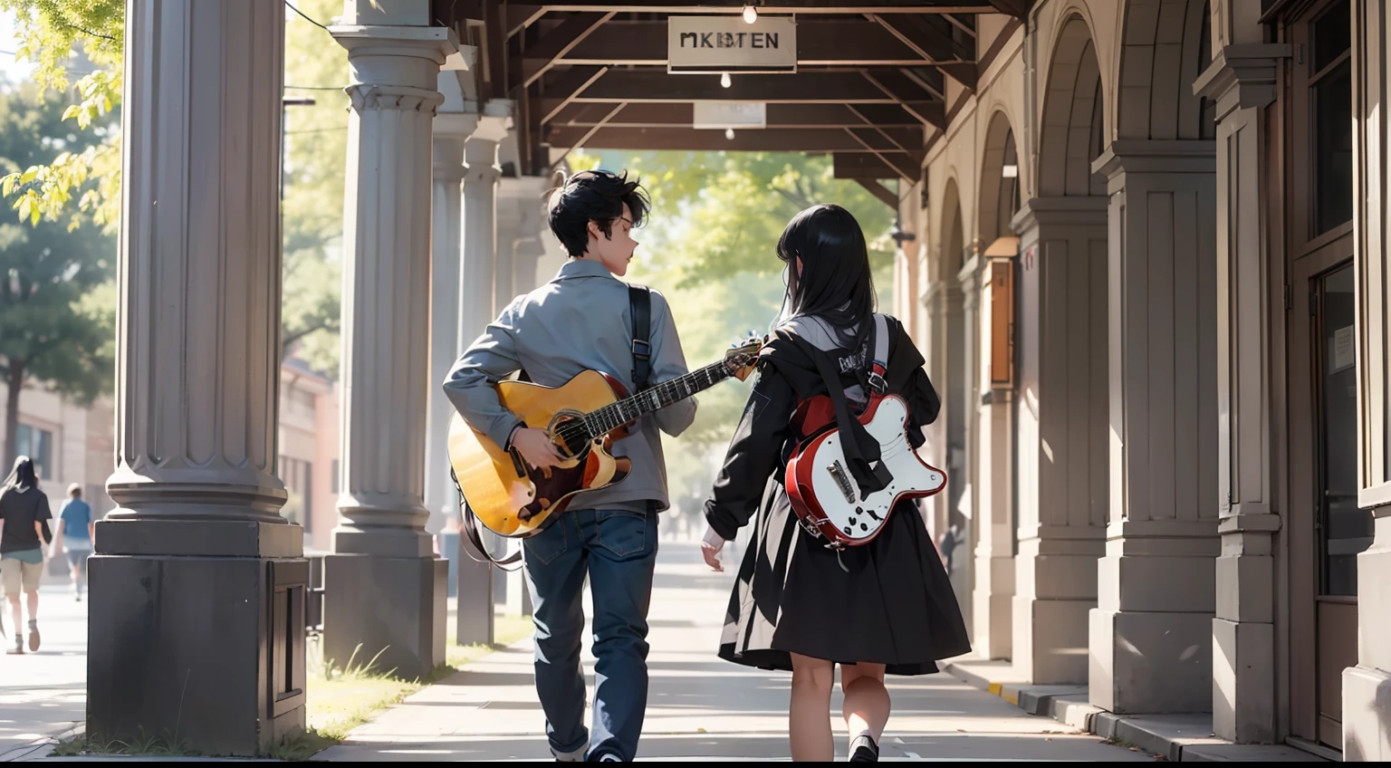 Girl with long silver hair and black hair,Boy with guitar on his back,Walk the campus paths
