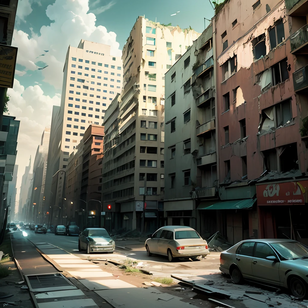 Create an image of an abandoned and spooky city with crumbling buildings, wrecked cars and empty streets
 Do not include any technological elements or signs of modern civilization such as buildings, cars or roads. --auto --s2