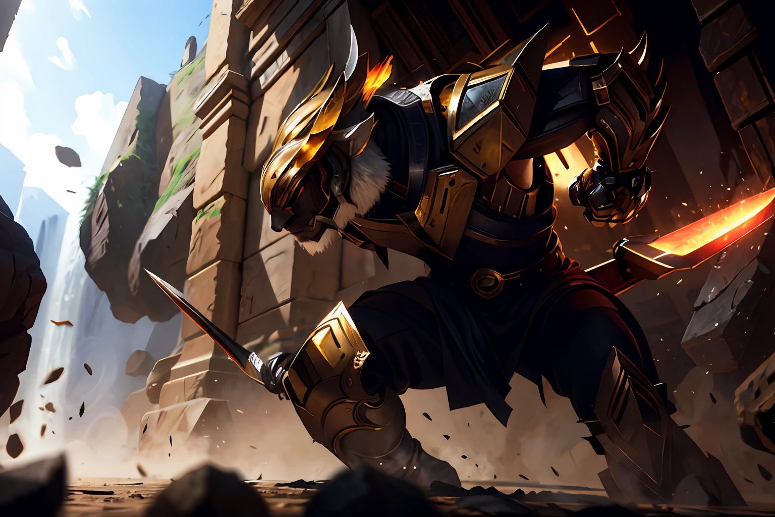 masterpiece, top-quality, tiger,s Armor,arma,fights,optic,The sword,mechs, Sateen,ruins