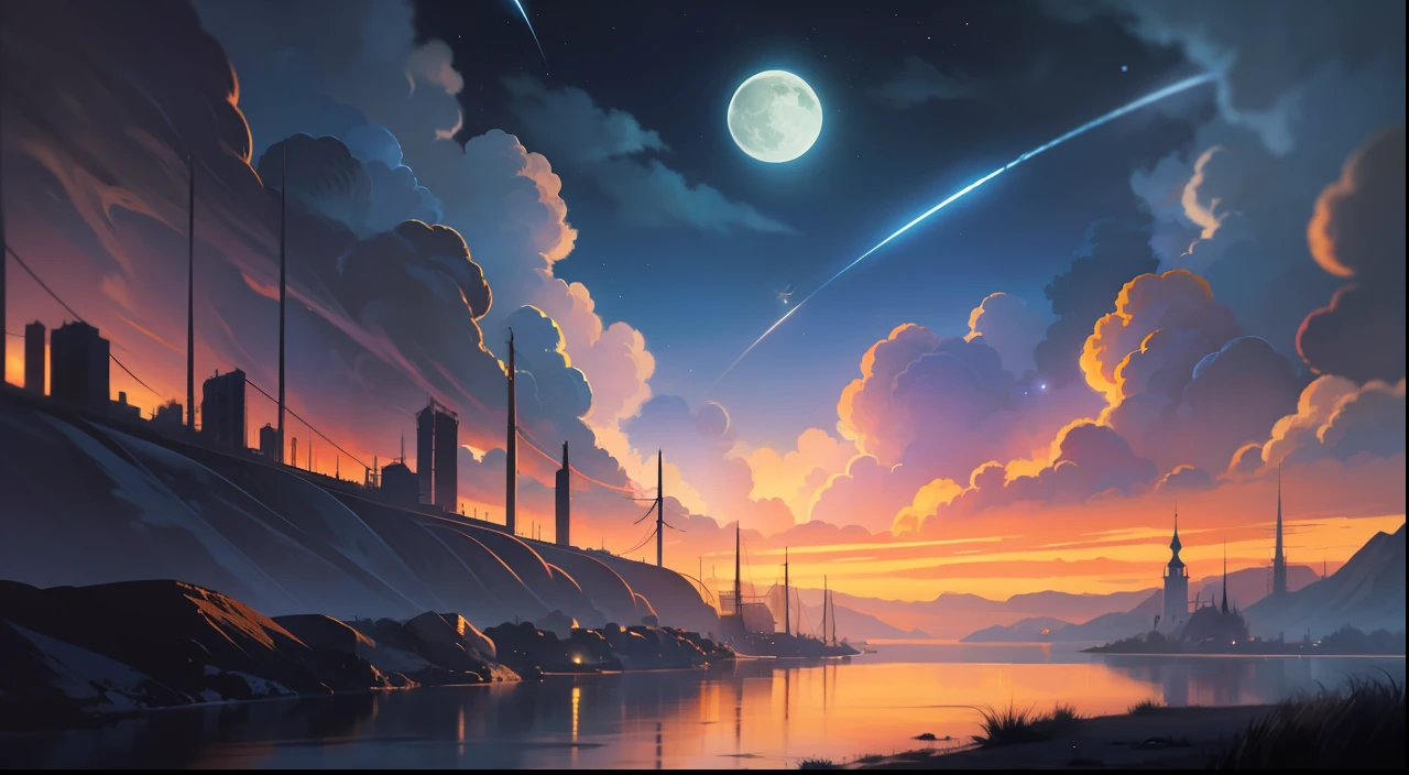 A painting of a river with stars and moon in the sky, concept art inspired by Tosa Mitsuoki, pixiv contest winner, best quality, fantasy art, beautiful anime scene, a bright moon, moonlit starry environment, dream painting, Anime Background Art, Fantasy Landscape Art, Fantasy Night, Anime Background, Background Artwork, Fantastic Art, Atmospheric Anime, Starry Sky, Detail Enhanced.