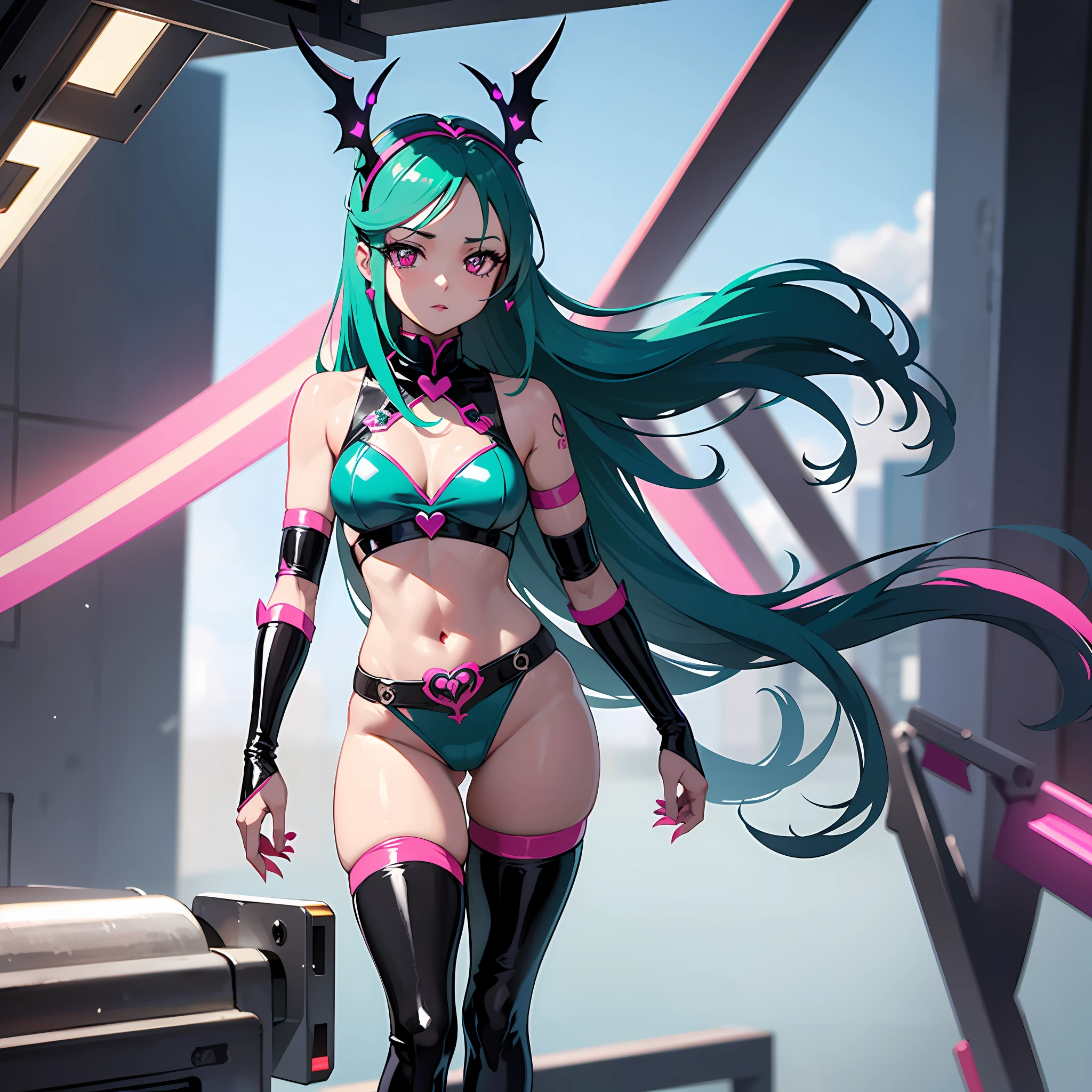 Evil Pretty Cure in a skimpy costume. Her image color is aqua color. Her outfit consists of black latex fabric and transparent tights. Sharply angled hair ornament on her head. Sharp claws on her fingertips. Heart tattoo around her navel. Sparkling pink eyes. Wearing a chastity belt with a heart design on the crotch. Futuristic machine in her background