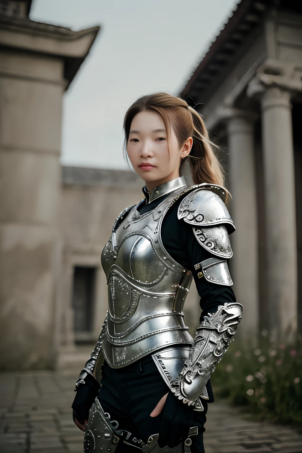 (8K, best quality:1.2), (masterpiece:1.37), (photo, photorealistic:1.37), (ultrahigh-res), full body, walking pose, shot from front, slow motion, female paladin wearing the full body, (light silver armour:1.2),(ornately decorated armor), (insanely detailed, bloom:1.5), (highest quality, Alessandro Casagrande, Greg Rutkowski, Sally Mann, concept art, 4k), (analog:1.2), (high sharpness), (detailed pupils:1.1), detailed face and eyes, Masterpiece, best quality, (highly detailed photo:1.1), (long blonde Hair, ponytail,ecstatic:1.1), (young woman:1.1), sharp, (perfect body:1.1), realistic, real shadow, 3d, (temple background:1.2), (by Michelangelo), photographed by Canan EOS R6, 135mm, 1/1250s, f/2.8, ISO 400