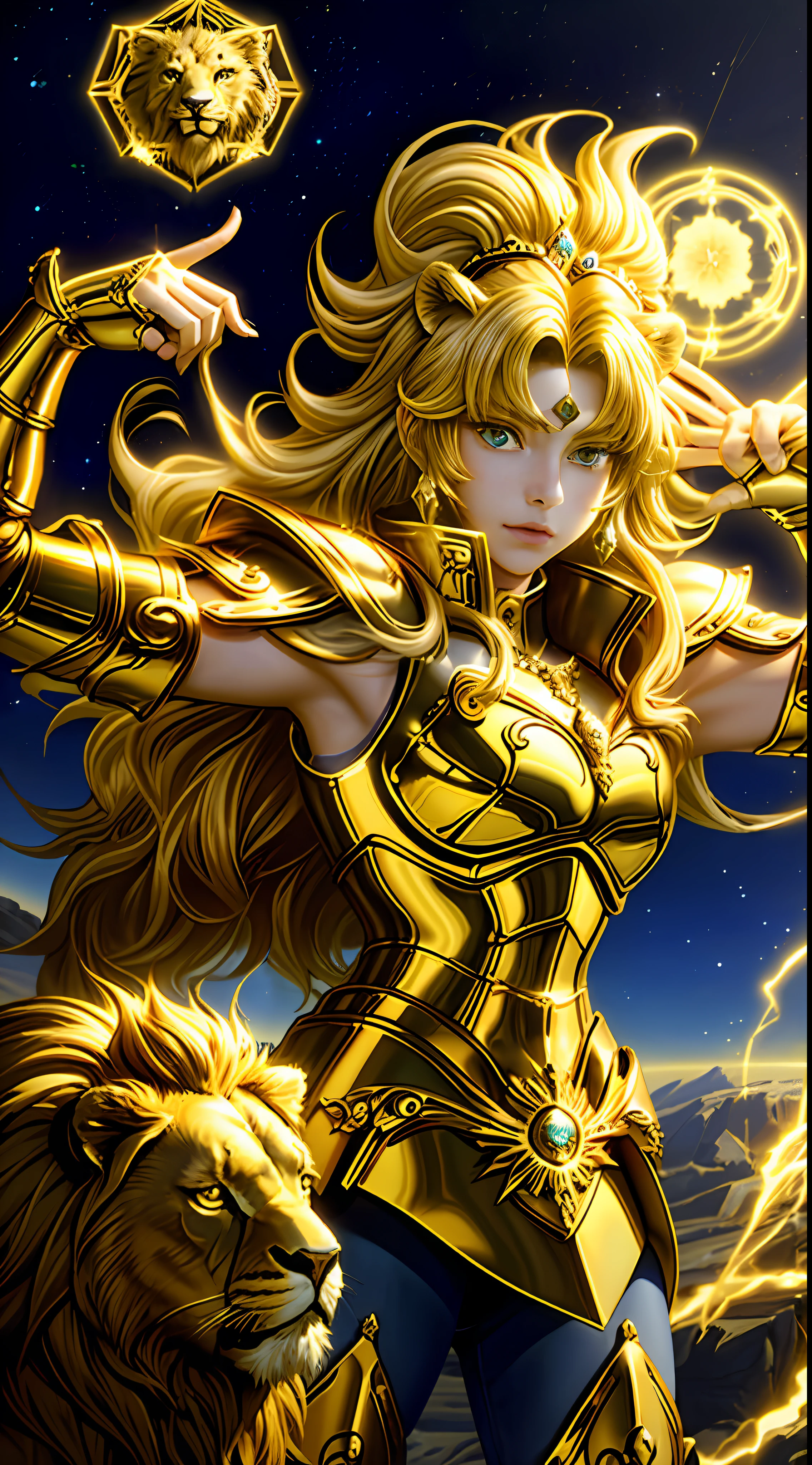 (tmasterpiece), (best qualtiy), (1girll), Girl in golden armor, cool-pose,Magic Golden Leo astrolabe,Yellow-haired people,Next to the lion,Saint Seiya Armor