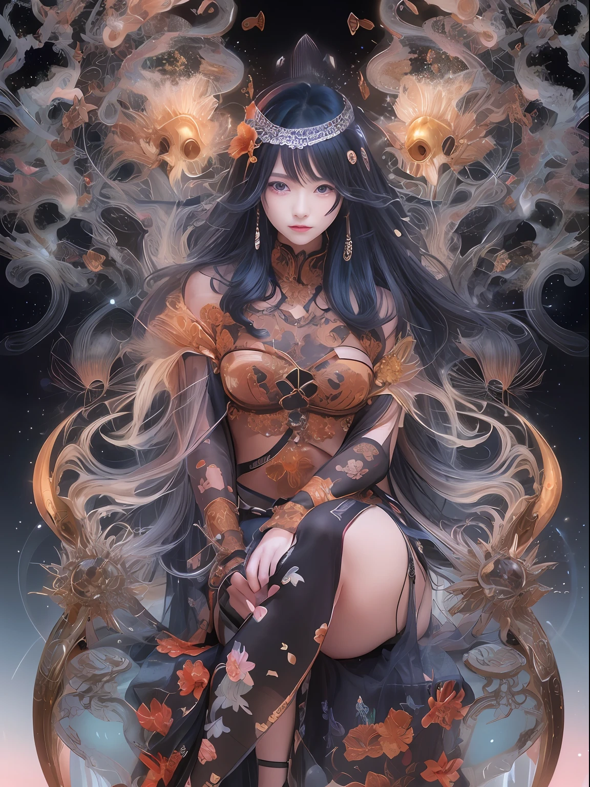 realisticlying,(tmasterpiece,top Quority,best qualtiy,offcial art,Beauty and aesthetics:1.2),The is very detailed,s fractal art,Colorful,Most detailed,zentangle,(abstract backgrounds:1.5)1girl,Kamimei,black color hair,(luminous red eyes),mistic,(magia),Ice and snow,((Sit on top of the giant Lycoris radiata)),Lycoris radiata,Yellow Springs Hell,Soul Ferryman,the phantom