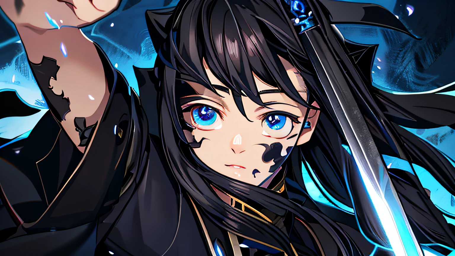 realistic anime artstyle, sword, hair detailed, oil paint, tokito, demon slayer, black hair, detailed eye, detailed nose, realistic, blue background, cian eye, sword, realistic