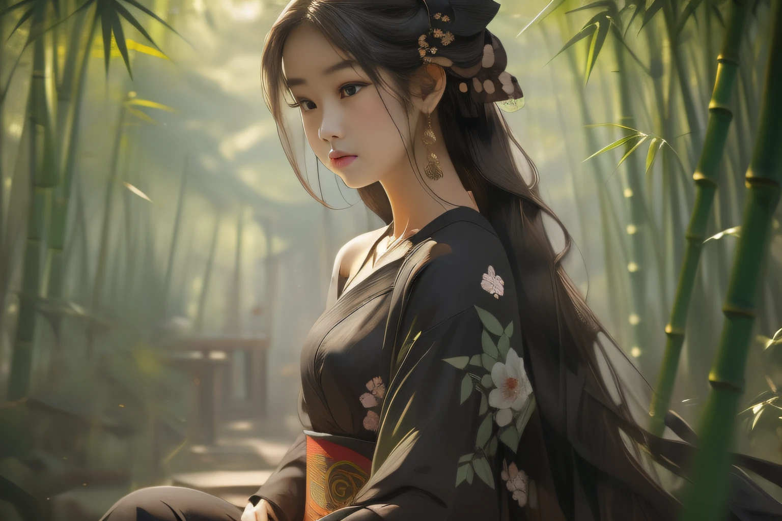{National style series medium view}:In the bamboo forest,A teenager sits sideways in a gazebo,Playing the bamboo flute。She wore a long black dress,Long hair casually draped over the shoulders。