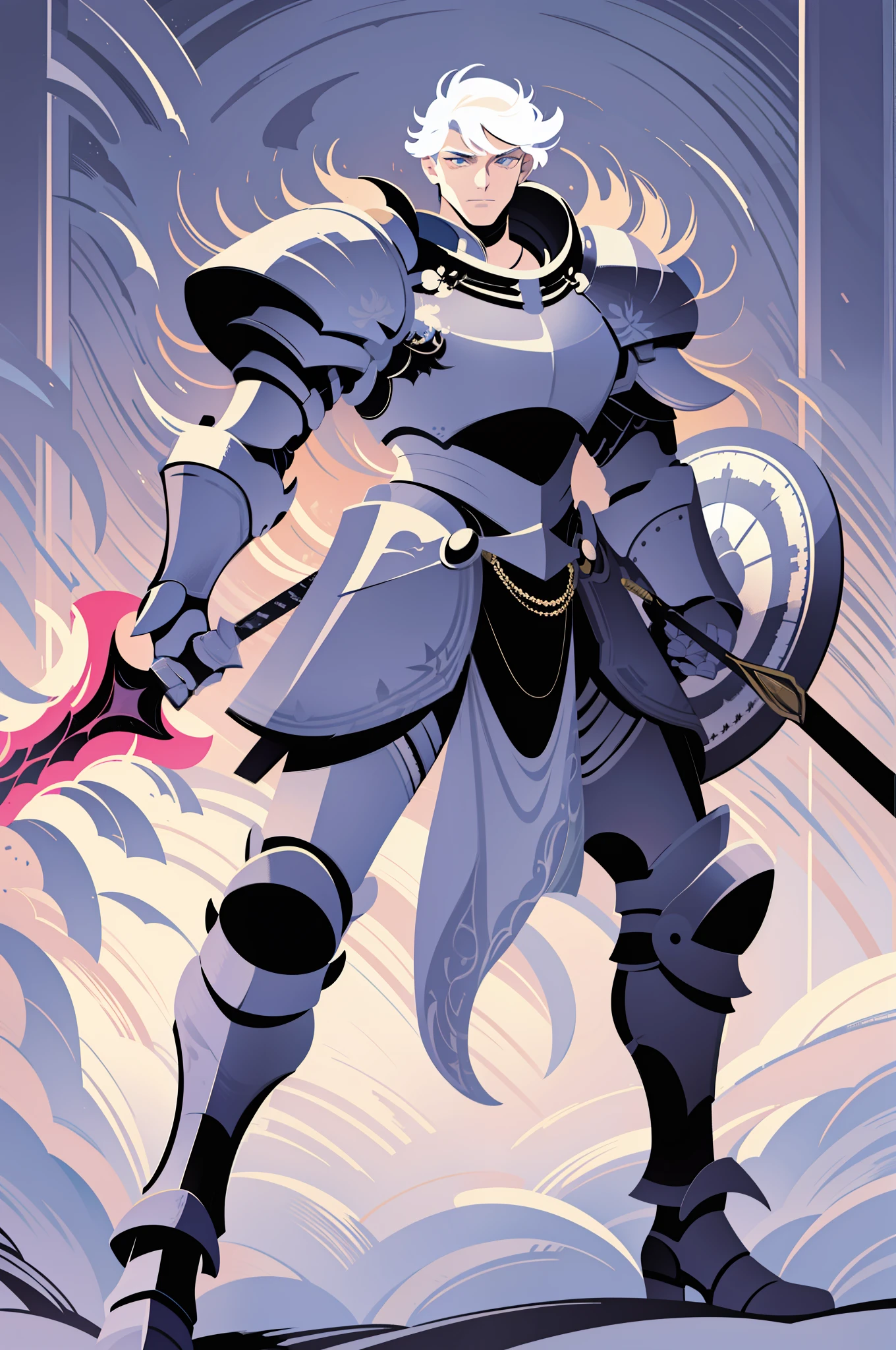 "Knight with silver hair and blue eyes holding a sword and shield in a powerful pose, portrayed as a muscular young man in full body armor and boots."