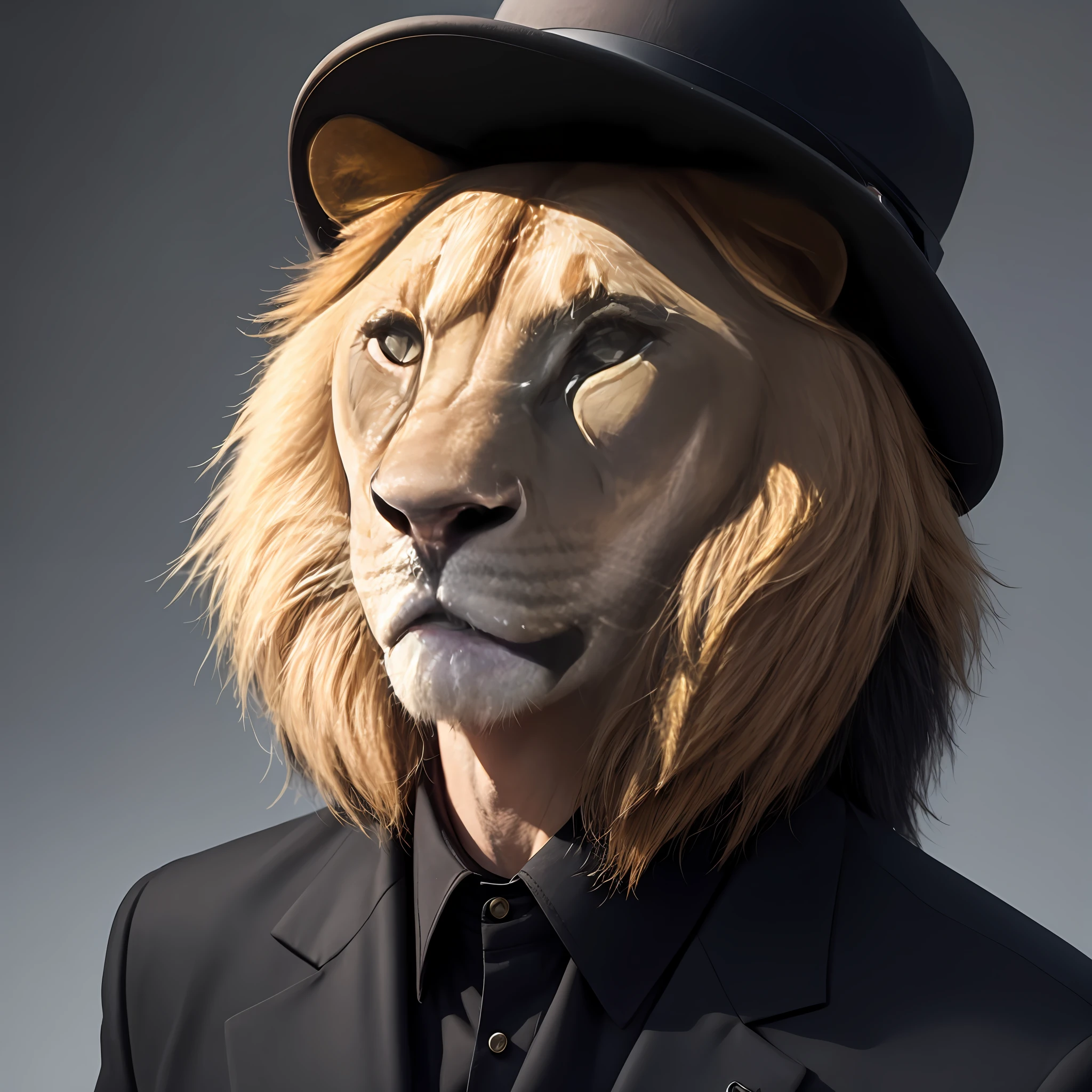 Wearing a black hat、Wearing a black eye patch、Lion in a black suit、stylish、life-like、 --auto