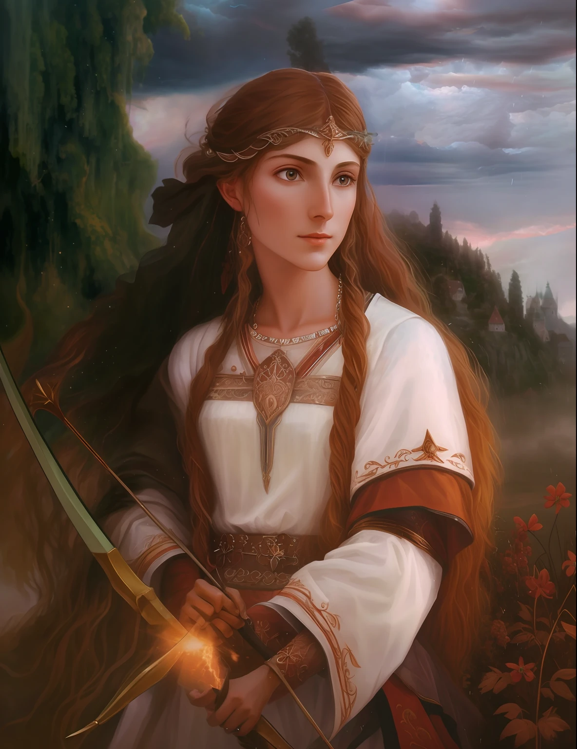 Feast of Perunitsa, the goddess of the summer thunderstorm, heavenly moisture and youth Picture of a woman in a white dress, holding a bow and arrow, Portrait of a Warrior Woman, а fantasy proto-slavic mythology, Slavic mythology