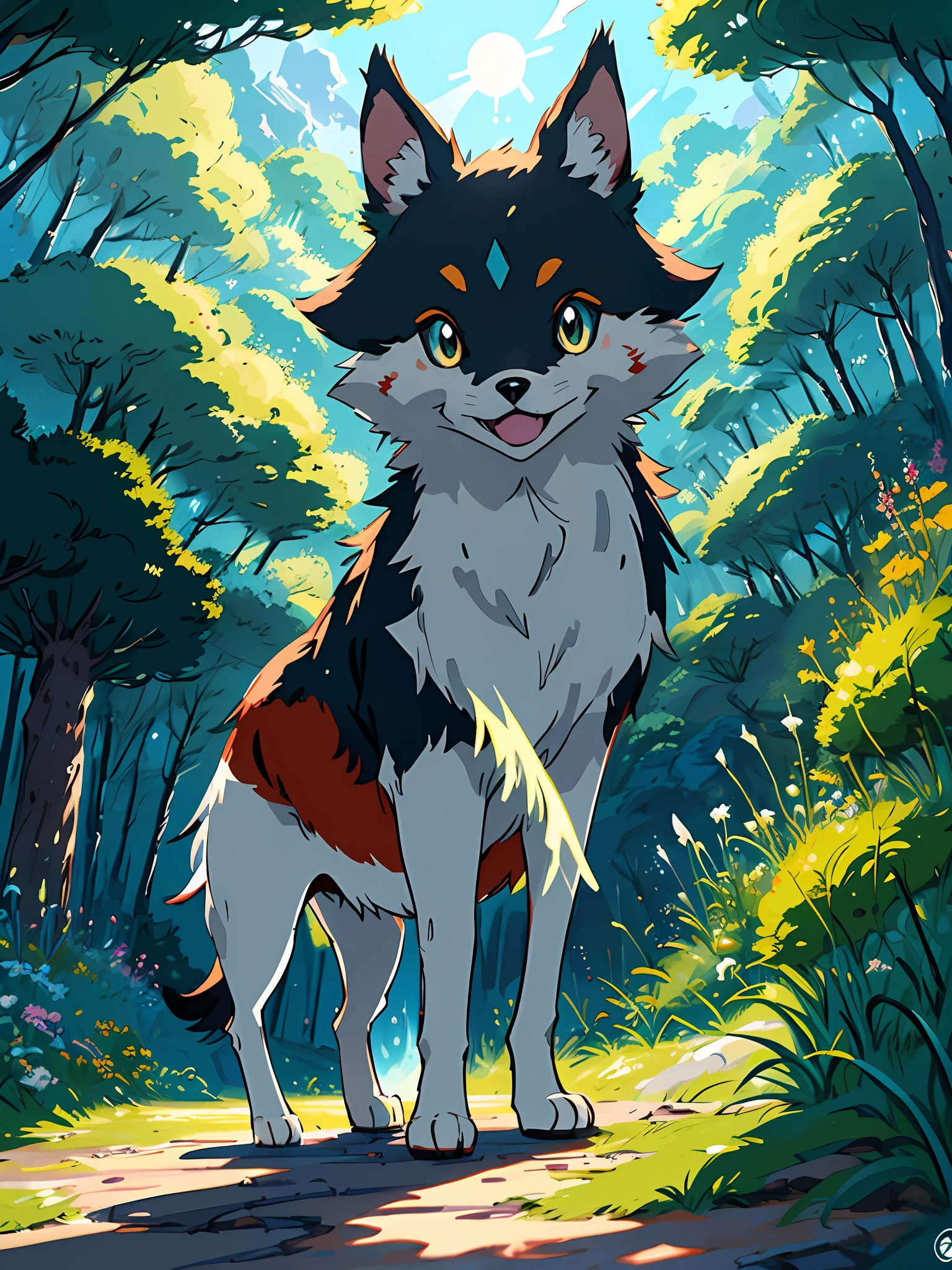 ((Al estilo de Ken Sugimori)), colores vibrantes, dynamic composition, Texturas detalladas, en un entorno forestal exuberante, Pokémon in dog physical form, High illumination, Impresionantes efectos visuales, Intricate character designs ((simetrico)) ((pintado por studio Ghibli)) ((obra de arte)) ((Adorable))