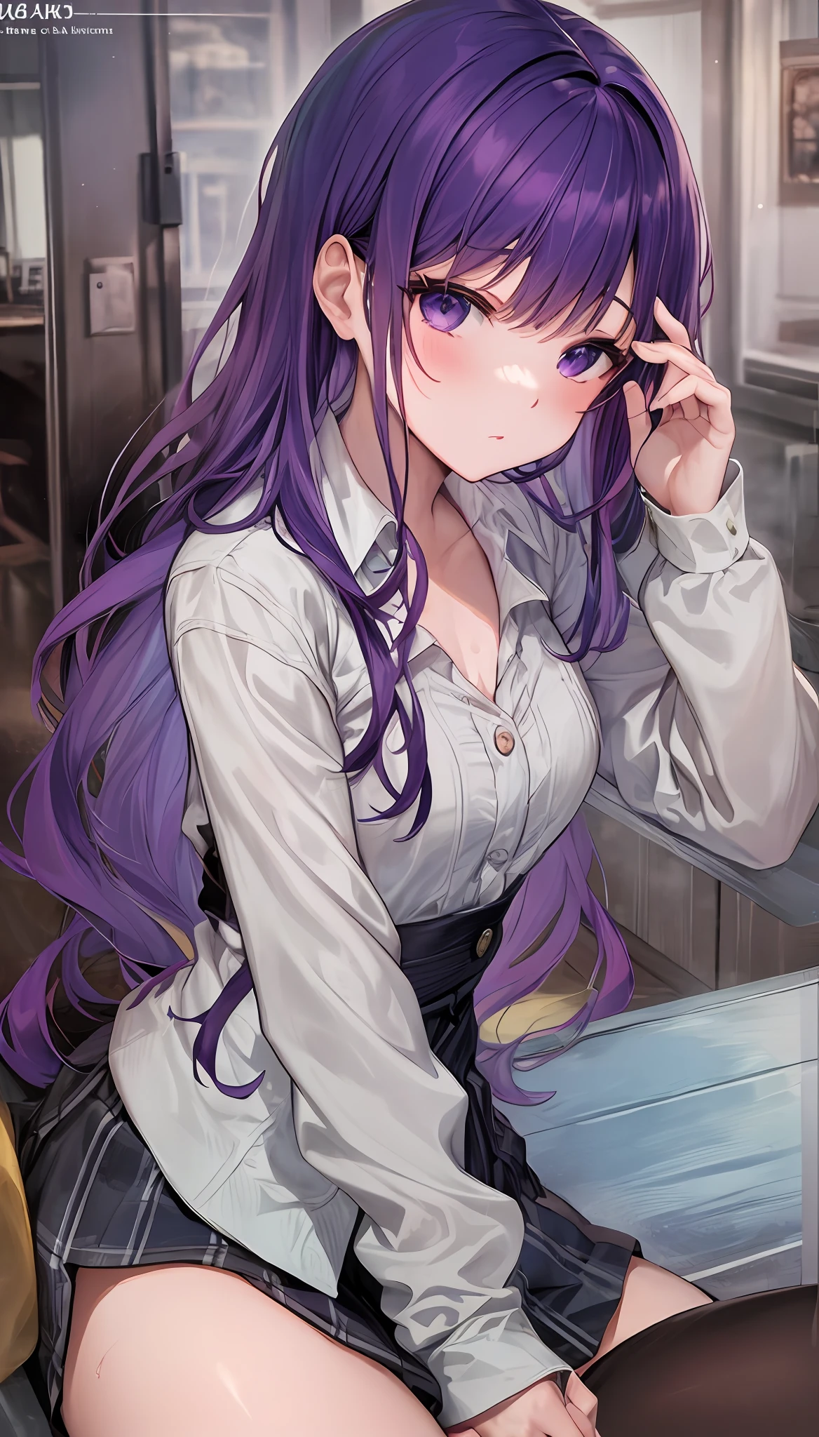 (nsfw:1.3) , anime girl with purple hair and white shirt and tie, cute girl anime visual, portrait anime girl, cute anime girl portrait, beautiful anime girl, beautiful anime portrait, anime style 4k, 4k anime wallpaper, (anime girl), anime wallpaper 4k, anime girl with long hair, anime wallpaper 4k, anime art wallpaper 4k,Daily life, sitting in the seat across from you, sitting shallowly, sleeping habits, spreading your legs a little, skirt lift by myself, cute panties,