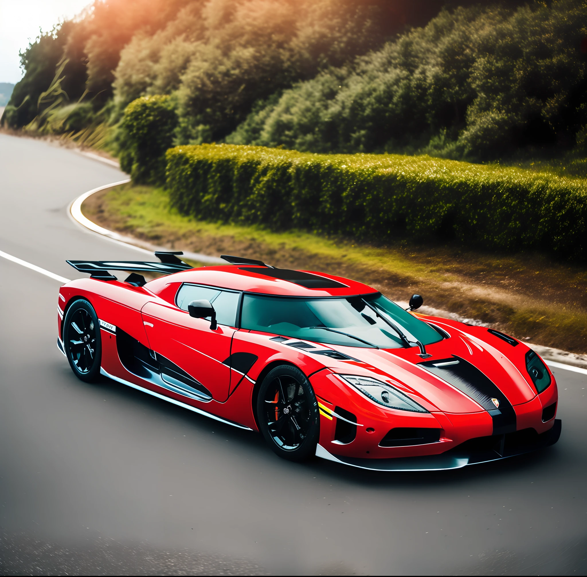 High Detailed, High Resolution, Best Quality,8K, Koenigsegg Agera RS, The Colour is Red, with Black Strip in the Midlle of the Car, Black 18 inch Sporty Velg, 35 mm, f1.4, High Detailed Part, Fog Effect around the Street