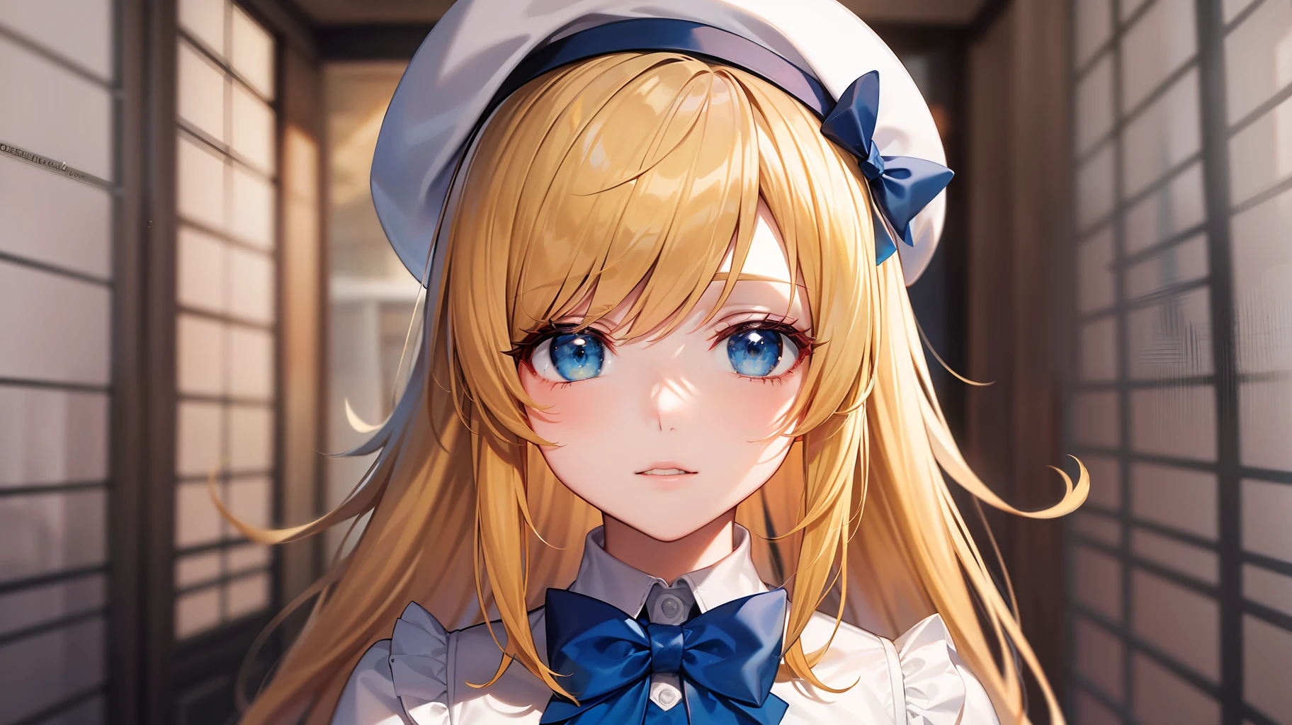 Yellow-haired，white dresses，eBlue eyes，star accessories，Blue bow tie，white beret（It has a blue bow on it），inside in room，playing game，4K