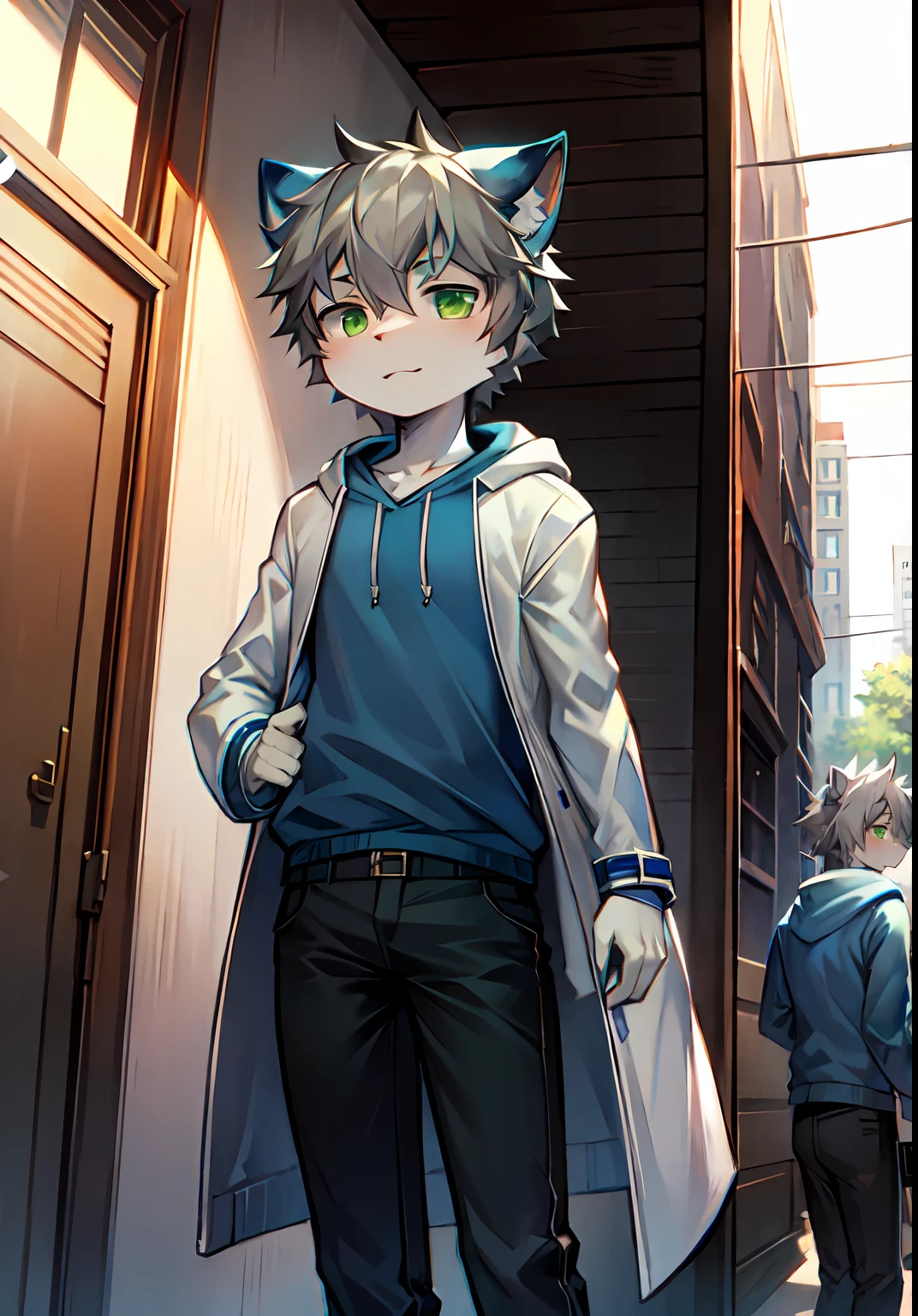 Blue and white coat color，catss，adolable，shorter pants，high qulity，Green eyes，Gray hair，Casual sweatshirt，underage，male people