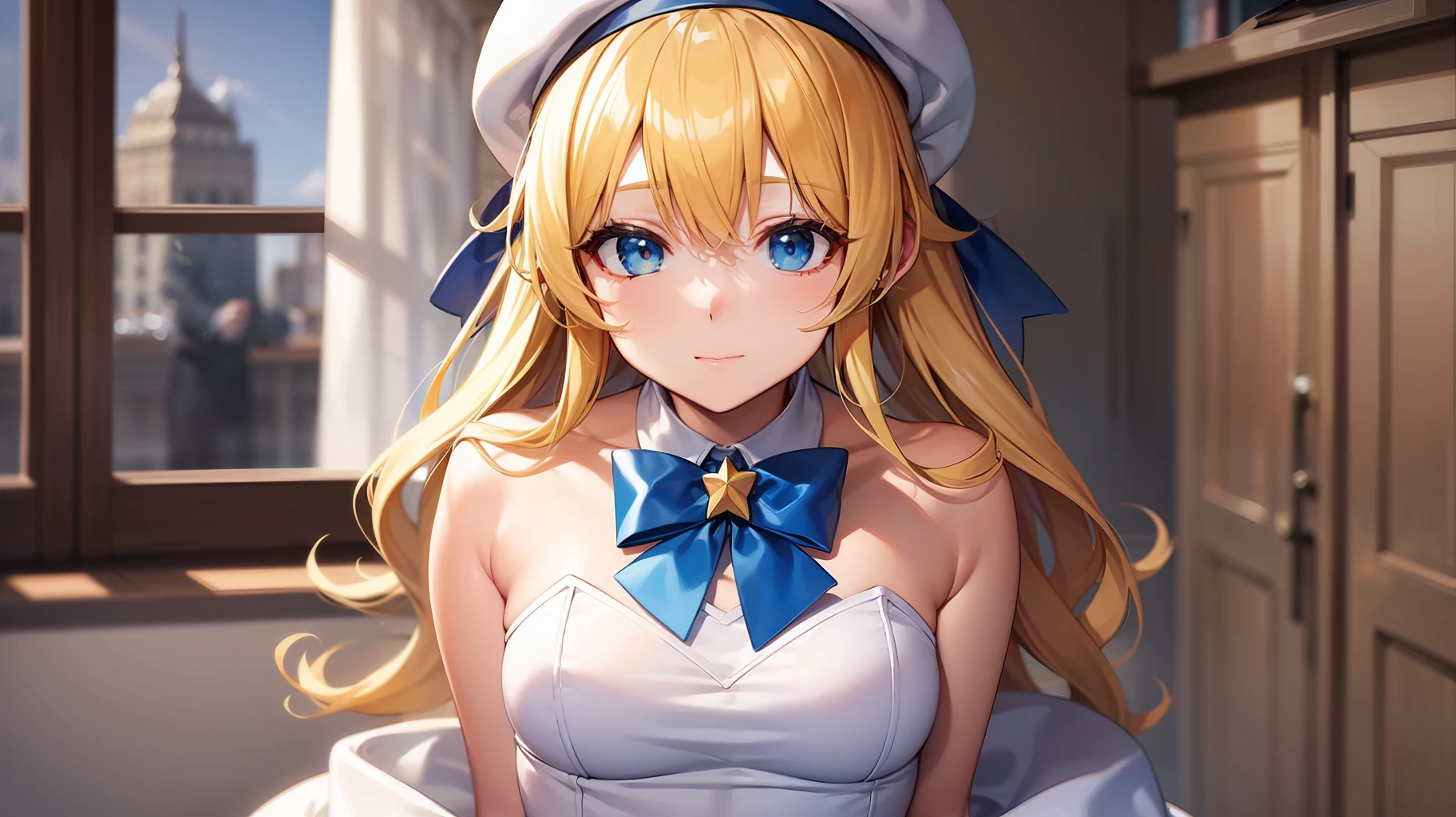 Yellow-haired，white dresses，eBlue eyes，star accessories，Blue bow tie，white beret（It has a blue bow on it），inside in room，playing game，4K