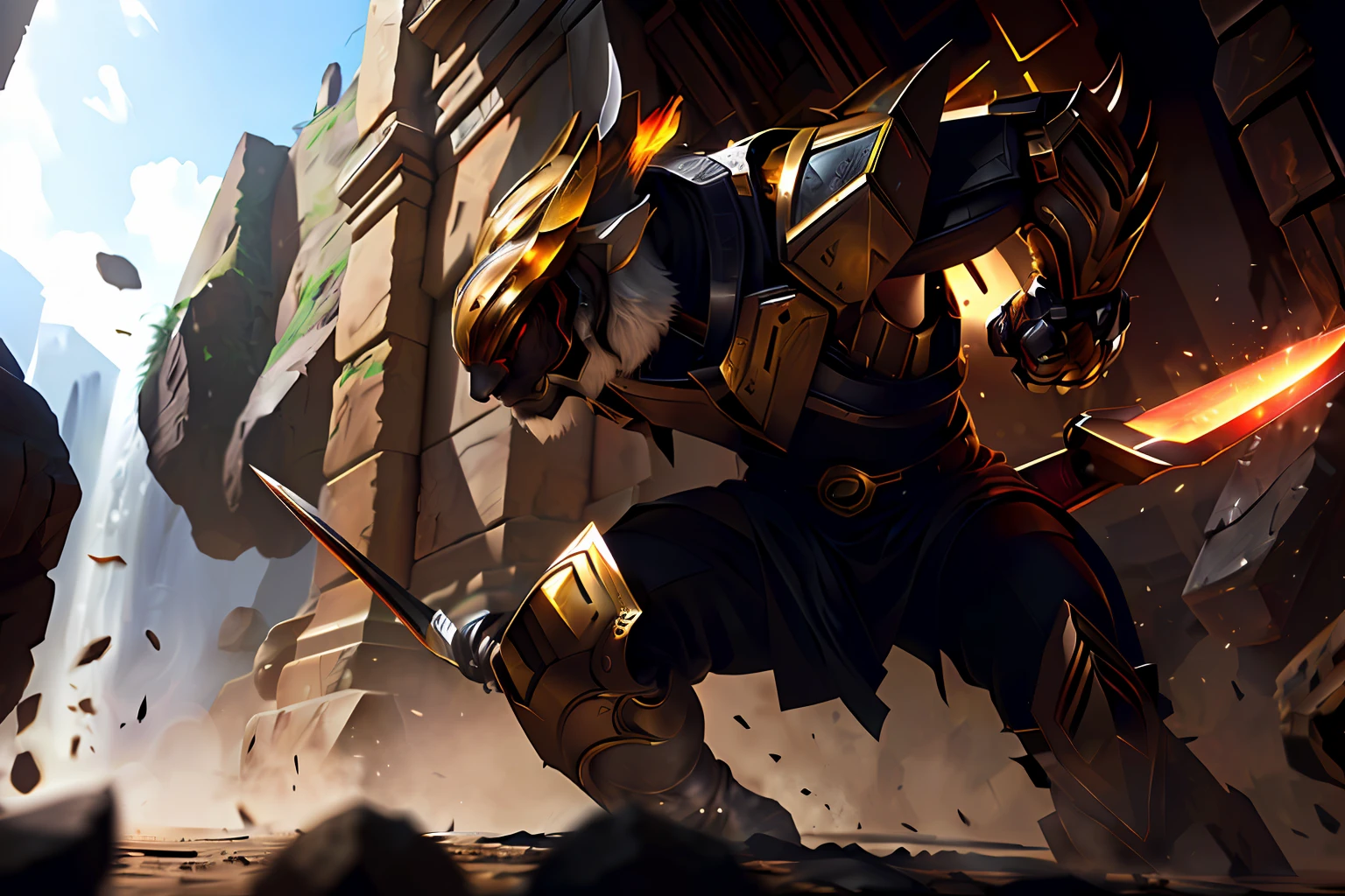 masterpiece, top-quality, tiger,s Armor,arma,fights,optic,The sword,mechs, Sateen,ruins