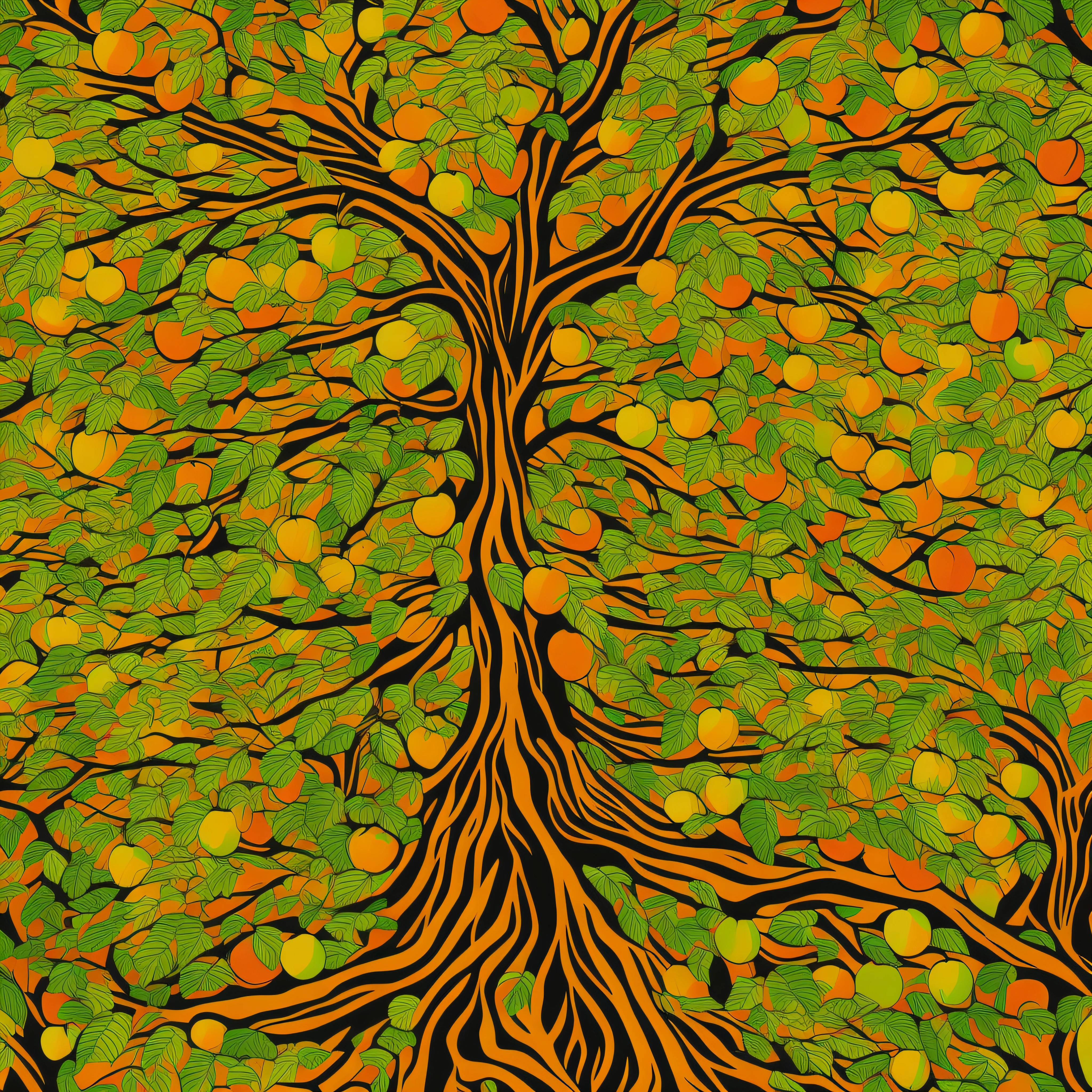 Imposing and majestic, roots reaching deep, branches reaching high, leaves rustling in the wind, shiny fruits, lush vegetation., vector art, abstract digital art, caricature