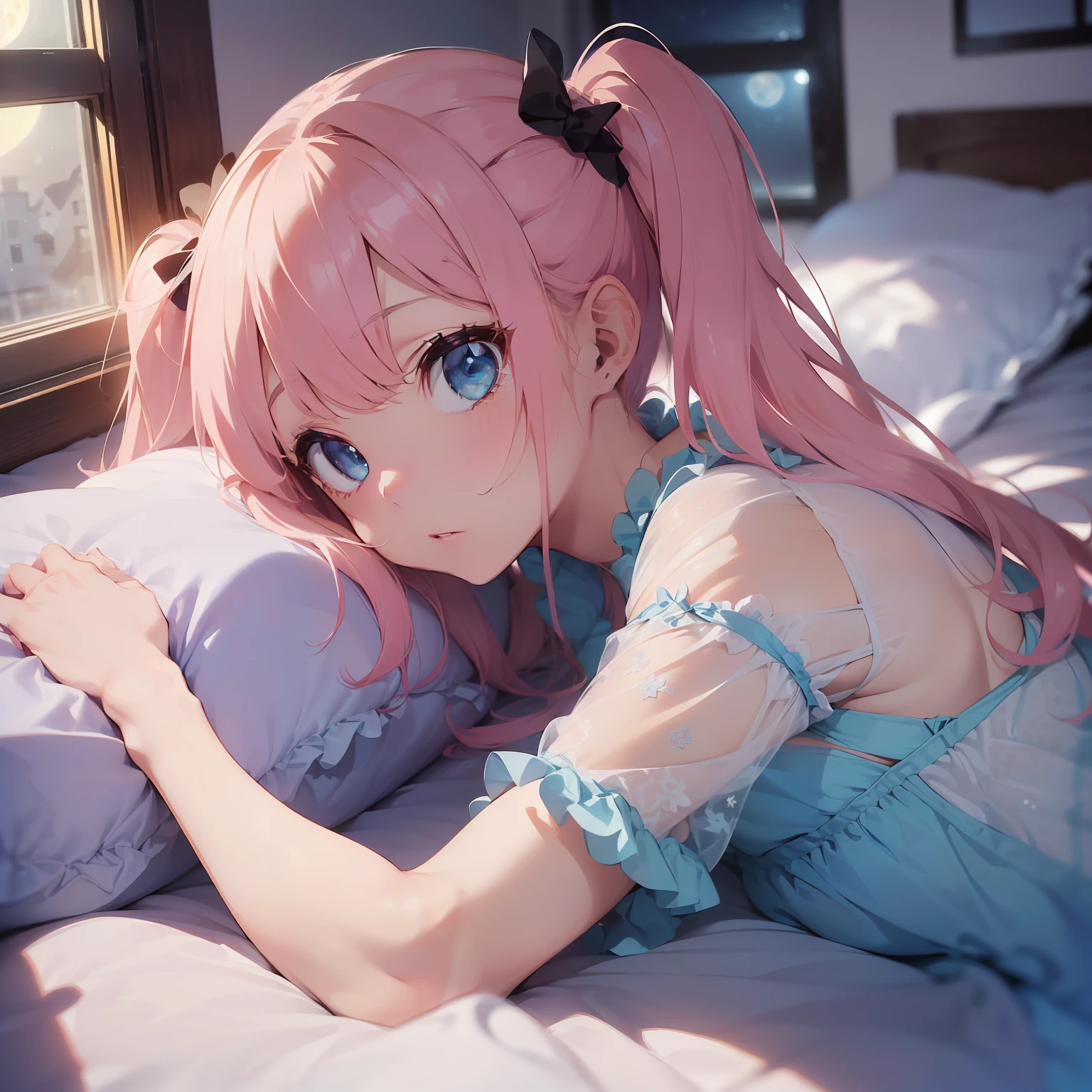 ((A masterpice))、((Best quality at best)、(Super Detail)、8K、Delicate depictions are filmed in anime style。 (extra very long hair、Pink hair and bright blue eyes、)(twintails)Her blue eyes are highlighted。 The overall tone is brighter、she is Lying。(see through nightdress),moon,window,bedroom,(lying in bed holding a pillow)