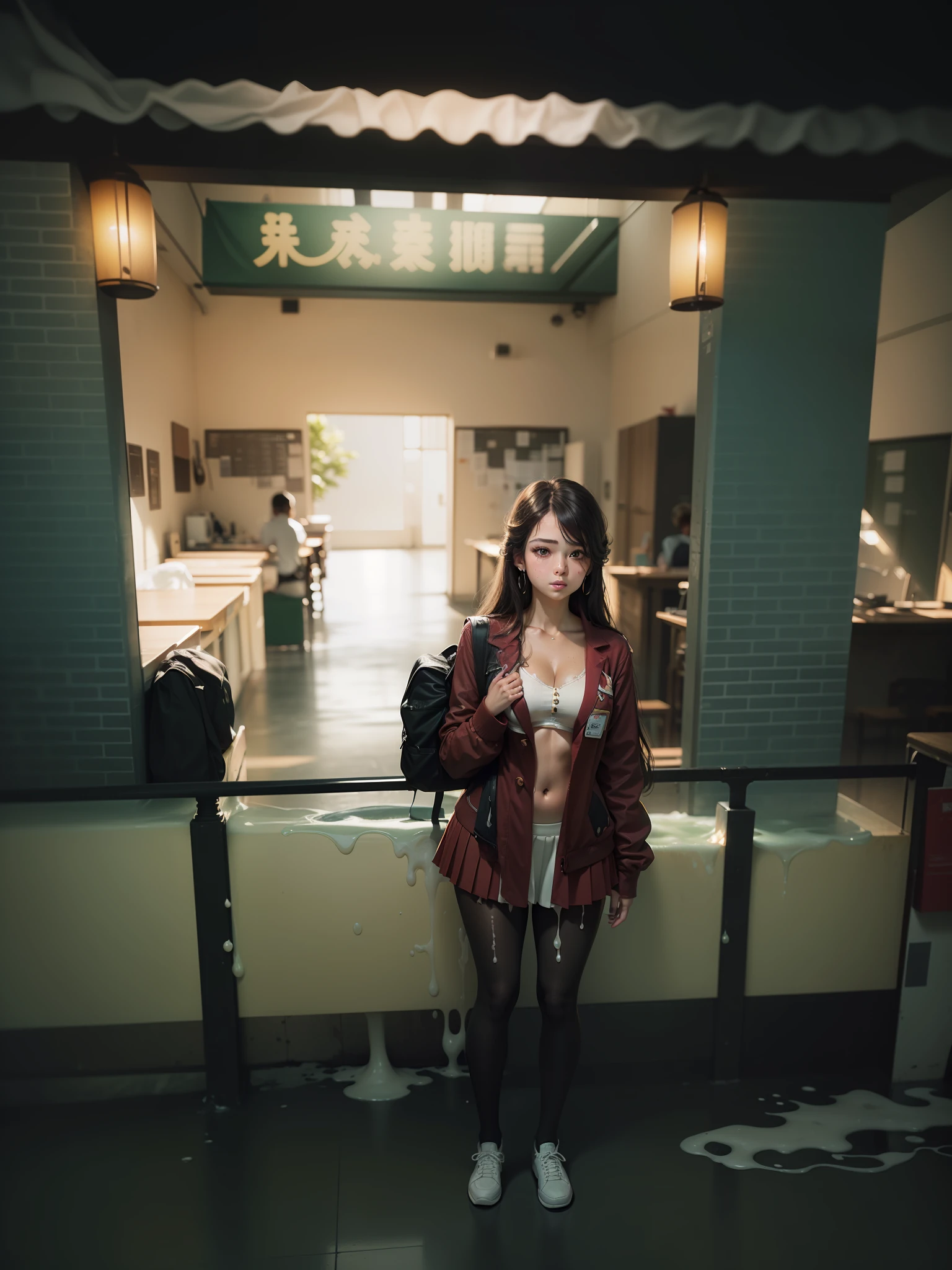 ((Medium-breasted, , small head)), ((15)), (Perfect Body: 1.1), (Young), (Short Wavy Hair: 1.2), Full Body Shot, (Girl in Uniform: 1.4, Pleated Skirt, Button Up Shirt), (((School Uniform)), (Highly Detailed CG 8k Wallpaper), (Very Delicate and Beautiful), (Masterpiece), (Best Quality: 1.0 ), (Ultra High Resolution: 1.0), Beautiful Lighting, Perfect Lightning, Realistic Shadows, [Hi-Res], Skin Detail, Ultra Detail, (Spread Legs)), (Legs Up), Slim Body), Slouched, Large Earrings, Thighs, (Beautiful Long Hair), , Thin Clavicle, Soft Navel, Soft Midriff, Soft Back, Angle from Above, Sweaty, Beautiful Breasts, Blush, Photorealistic, Realistic face, realistic eyes, small eyes, grinning (colorful))) ((cleavage))), (eyeliner), (mascara), ((thick white liquid on the body)), ((spreading thighs)), (((thick white liquid dripping from the body))), (hands on thighs))), ((sticking between breasts)))