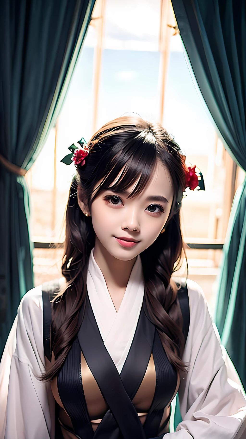 Bai Zhe's skin,Beautiful face,Smiling like a spring breeze,It's unstoppable,It's incredibly beautiful,Long chocolate-colored hair draped over his shoulders,A white blouse like tulle,It's like everyone's first love in their dreams,Familiar and unfamiliar --auto